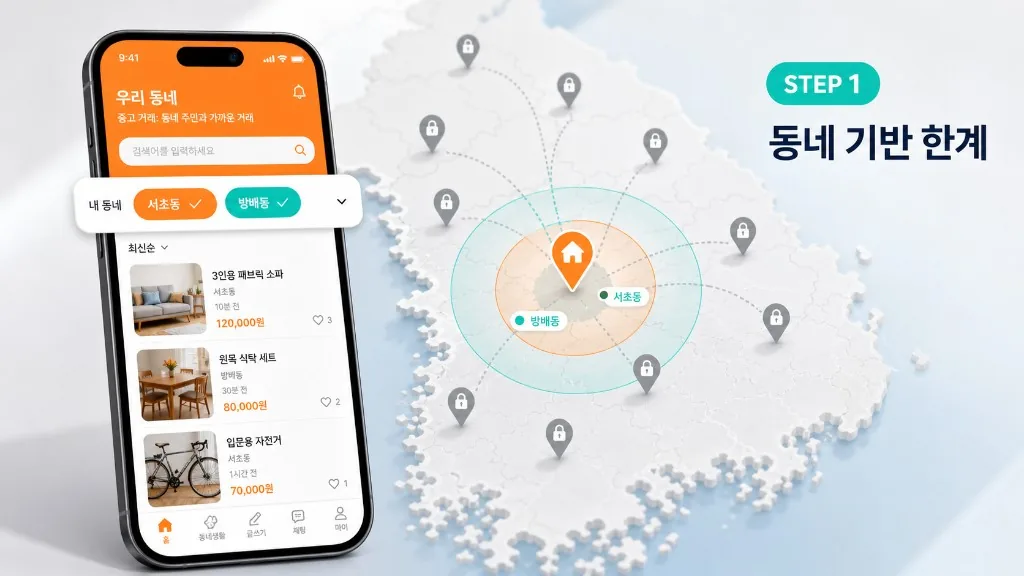 STEP 1 동네 기반 한계 - 당근마켓 동네 인증 범위 밖 매물은 확인할 수 없습니다