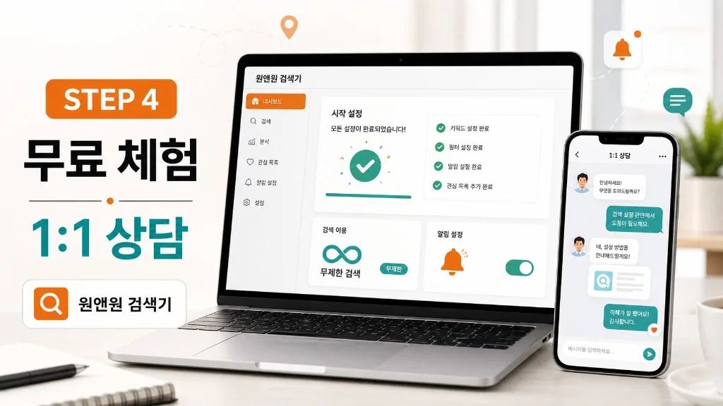 STEP 4 무료 체험 1대1 상담 - 원앤원 검색기 설정부터 운영까지 전문가가 안내합니다