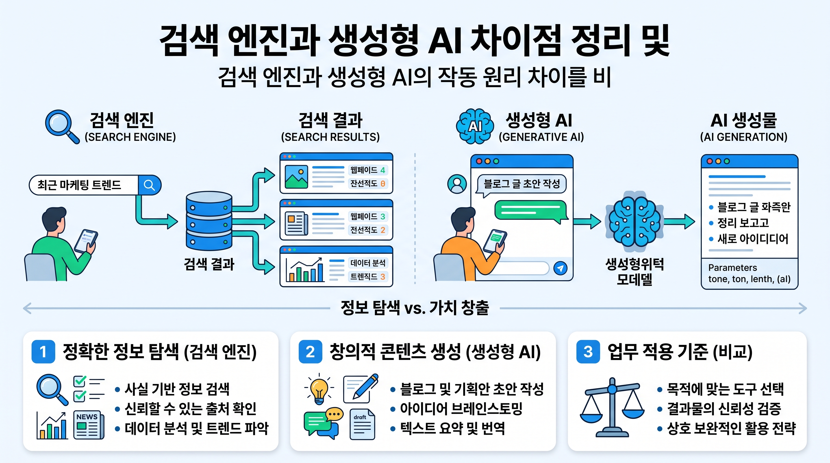 검색 엔진 검색창과 생성형 AI 대화창 인터페이스를 비교하는 모니터 화면 일러스트
