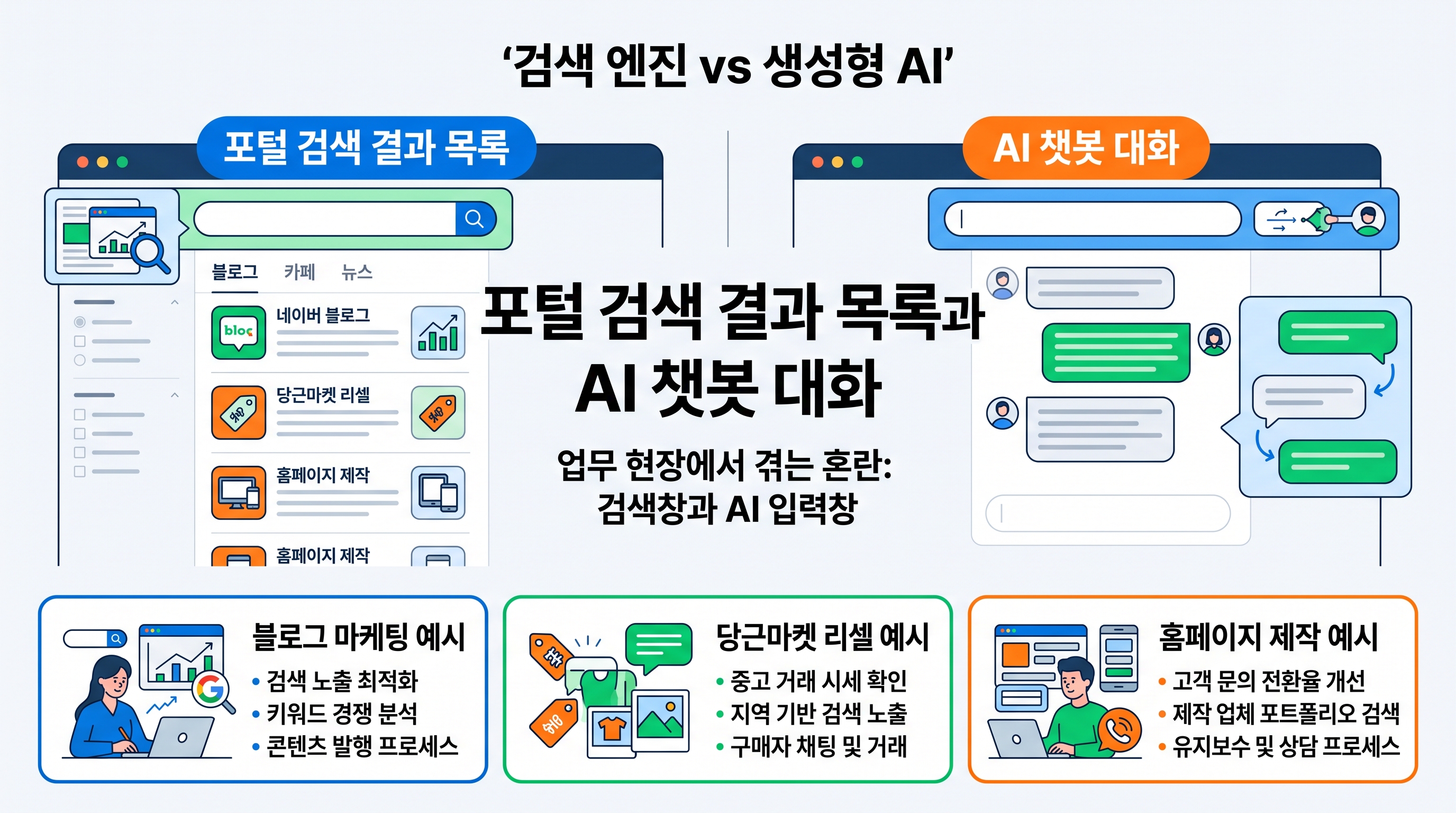 포털 검색 결과 목록과 AI 챗봇 대화 화면을 양옆에 배치한 비교 그래픽