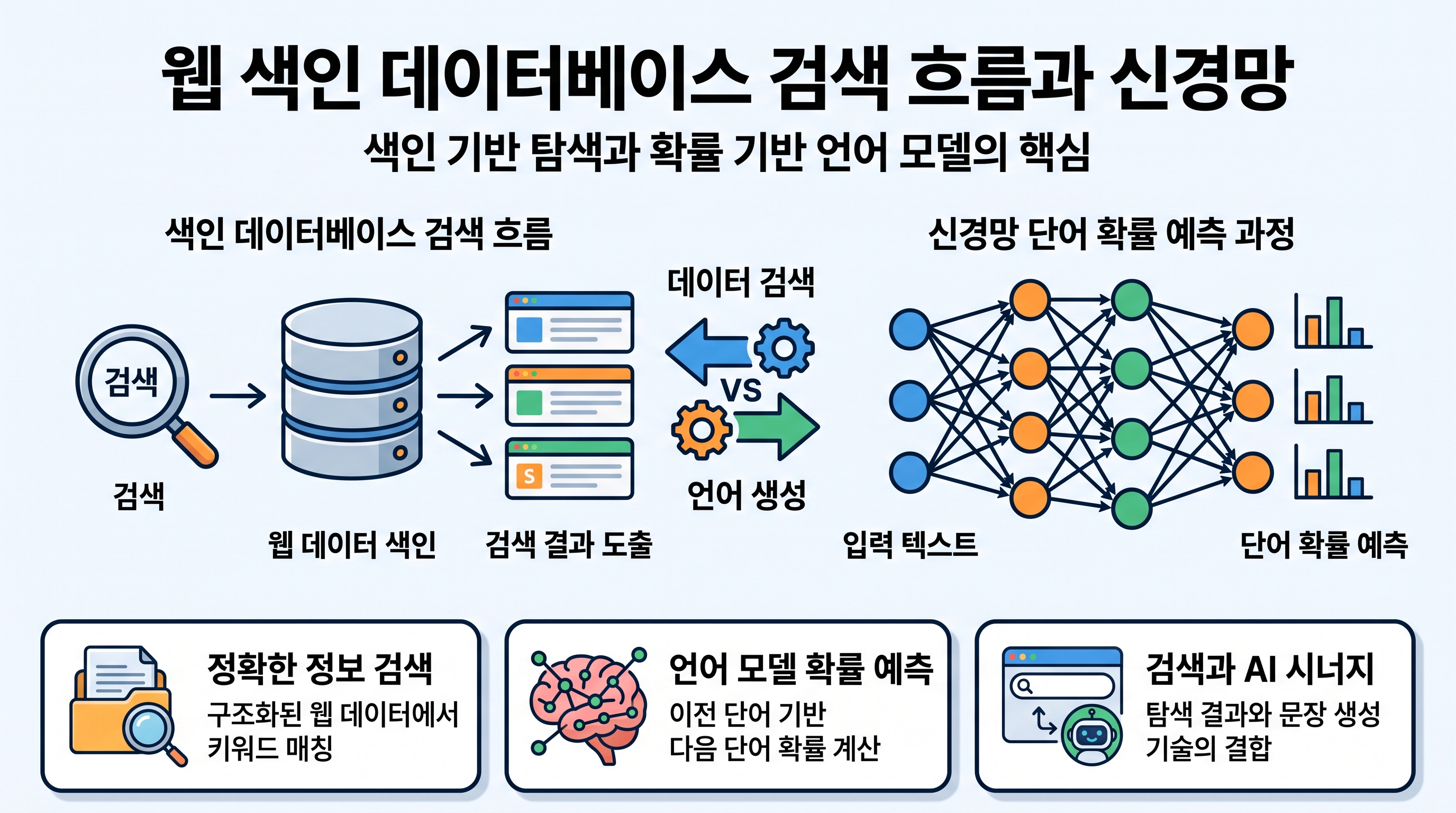 웹 색인 데이터베이스 검색 흐름과 신경망 단어 확률 예측 과정을 도식화한 인포그래픽