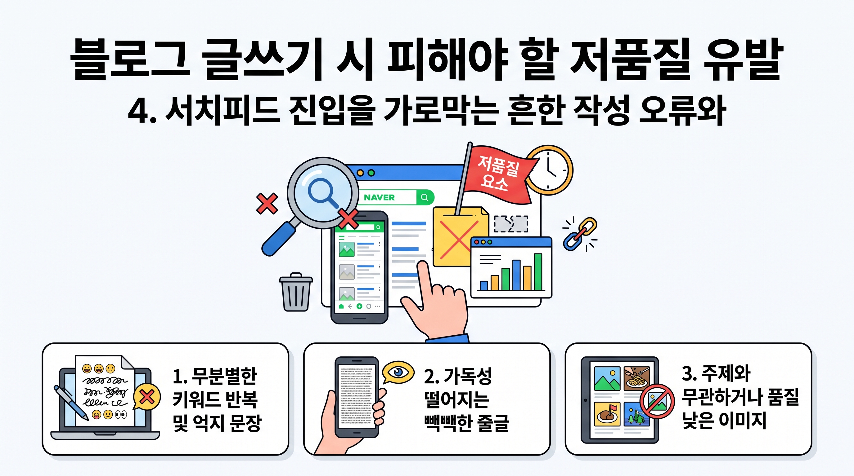 블로그 글쓰기 시 피해야 할 저품질 유발 요소와 모바일 가독성 저해 사례