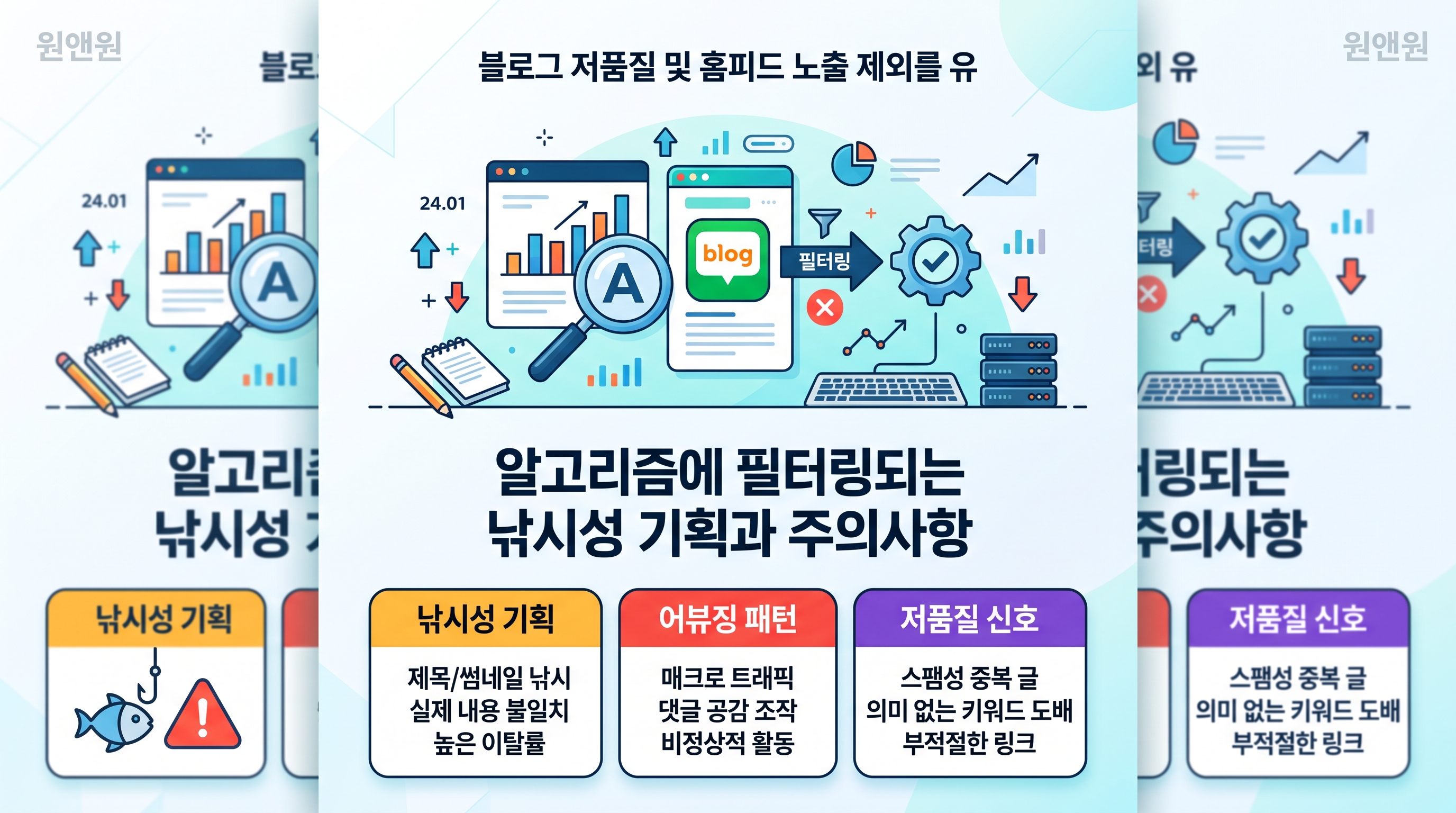 블로그 저품질 및 홈피드 노출 제외를 유발하는 어뷰징 패턴 경고 이미지