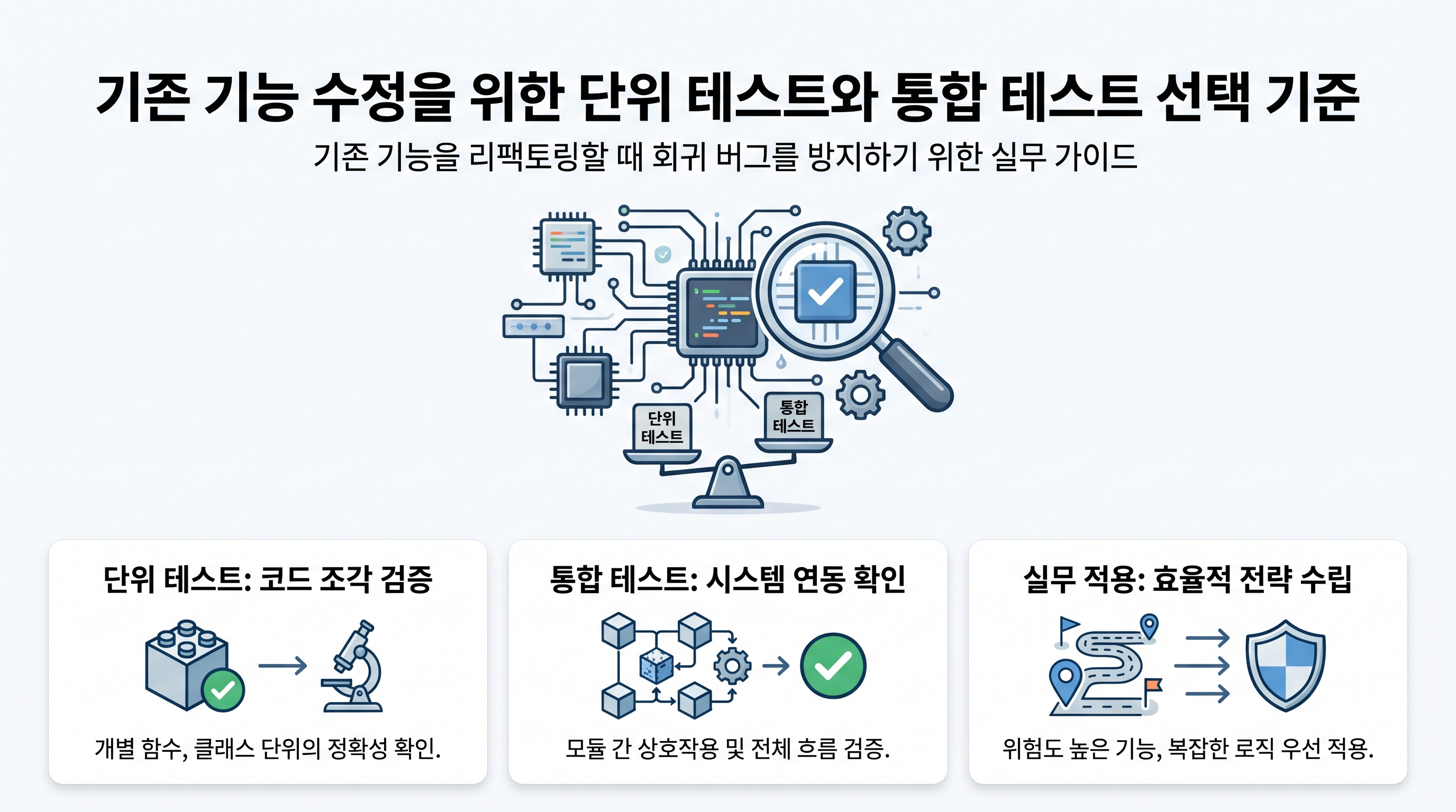 단위 테스트와 통합 테스트의 테스트 피라미드 및 코드 리팩토링 흐름을 나타낸 다이어그램