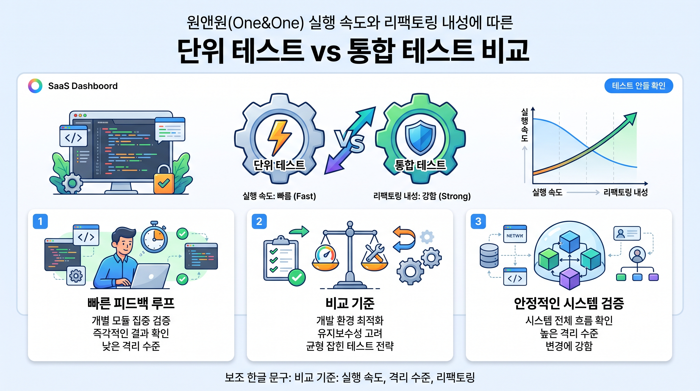 실행 속도와 리팩토링 내성에 따른 단위 테스트와 통합 테스트 비교표