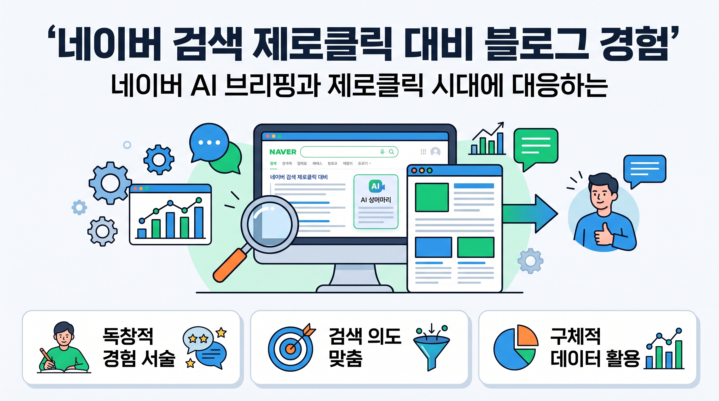 네이버 검색 제로클릭 시대에 대응하여 노트북으로 블로그에 나만의 고유한 경험 중심 콘텐츠를 작성하고 있는 소상공인 마케터의 모습