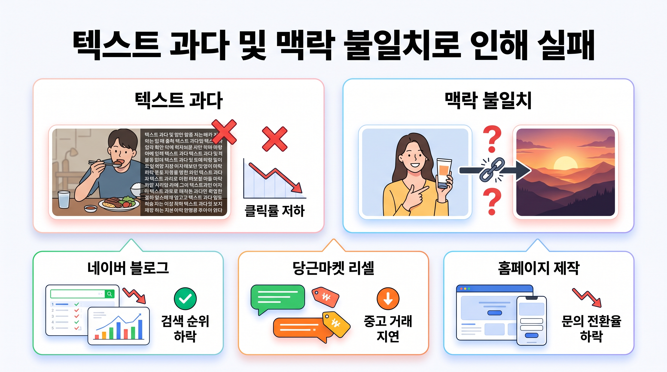 텍스트 과다 및 맥락 불일치로 인해 실패한 부적절한 썸네일 사례 대비표