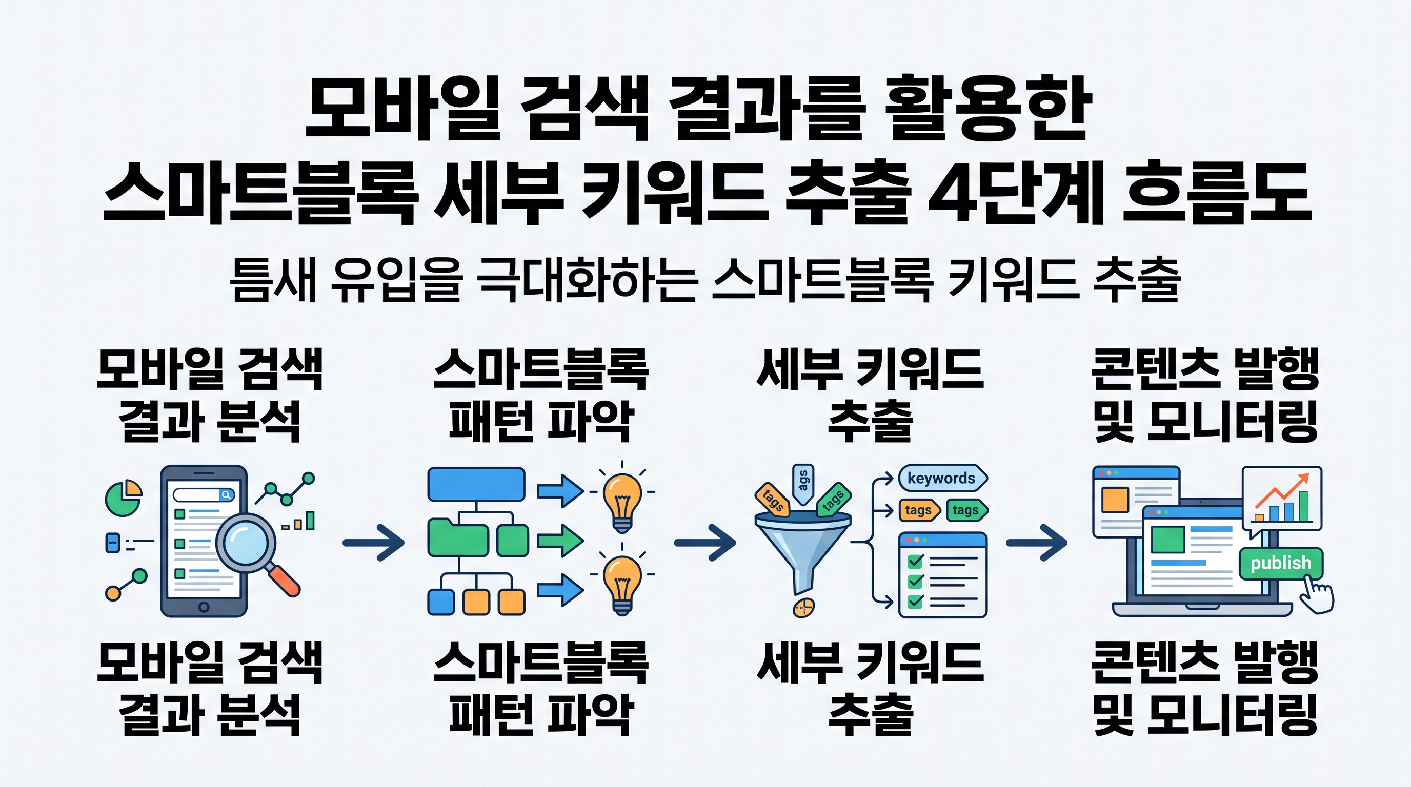 모바일 검색 결과를 활용한 스마트블록 세부 키워드 추출 4단계 흐름도