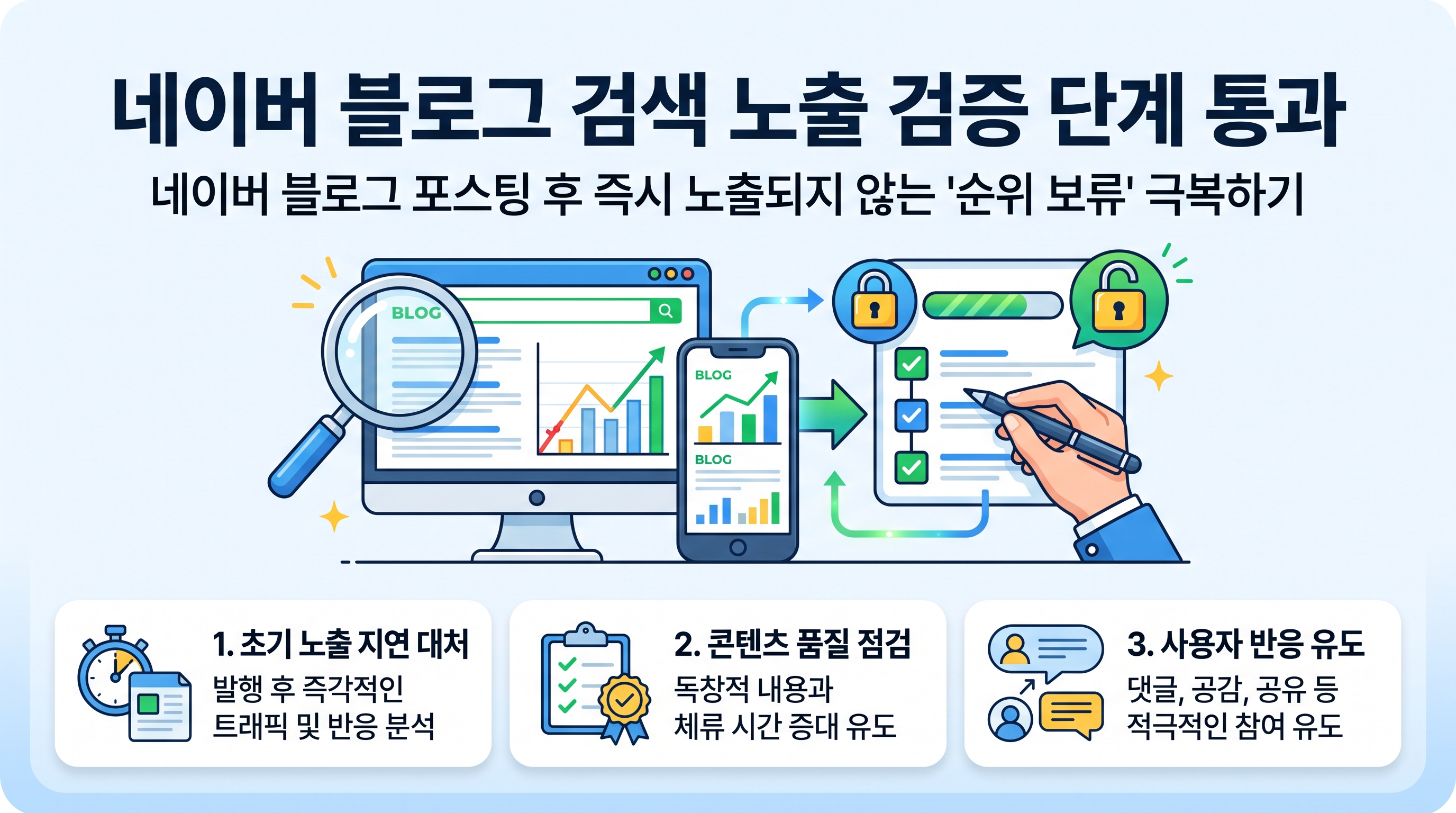 노트북으로 네이버 블로그 검색 노출 지표와 유입 통계를 분석하고 있는 1인 마케터의 모습