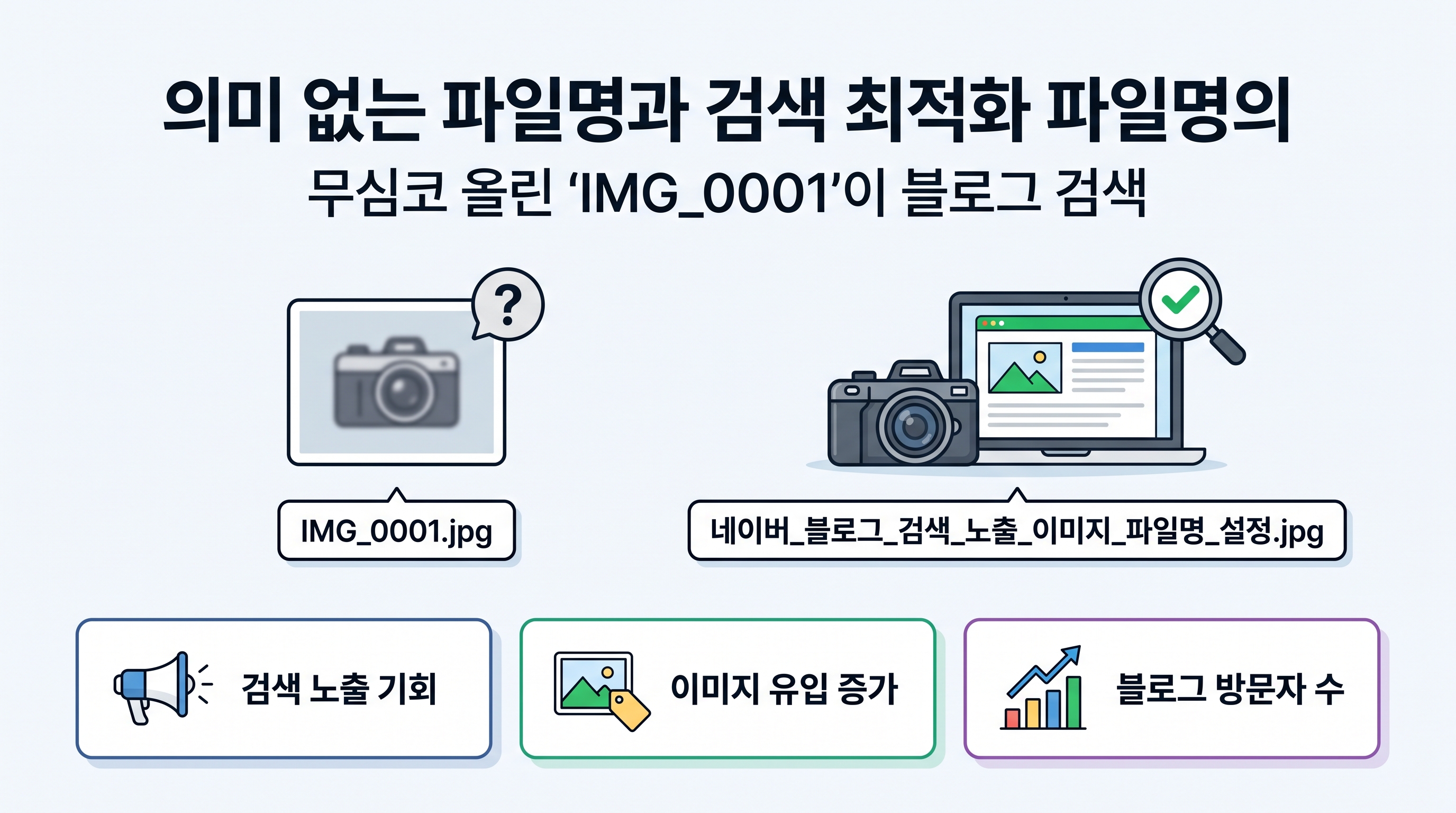 의미 없는 파일명과 검색 최적화 파일명의 노출 기회 차이 비교