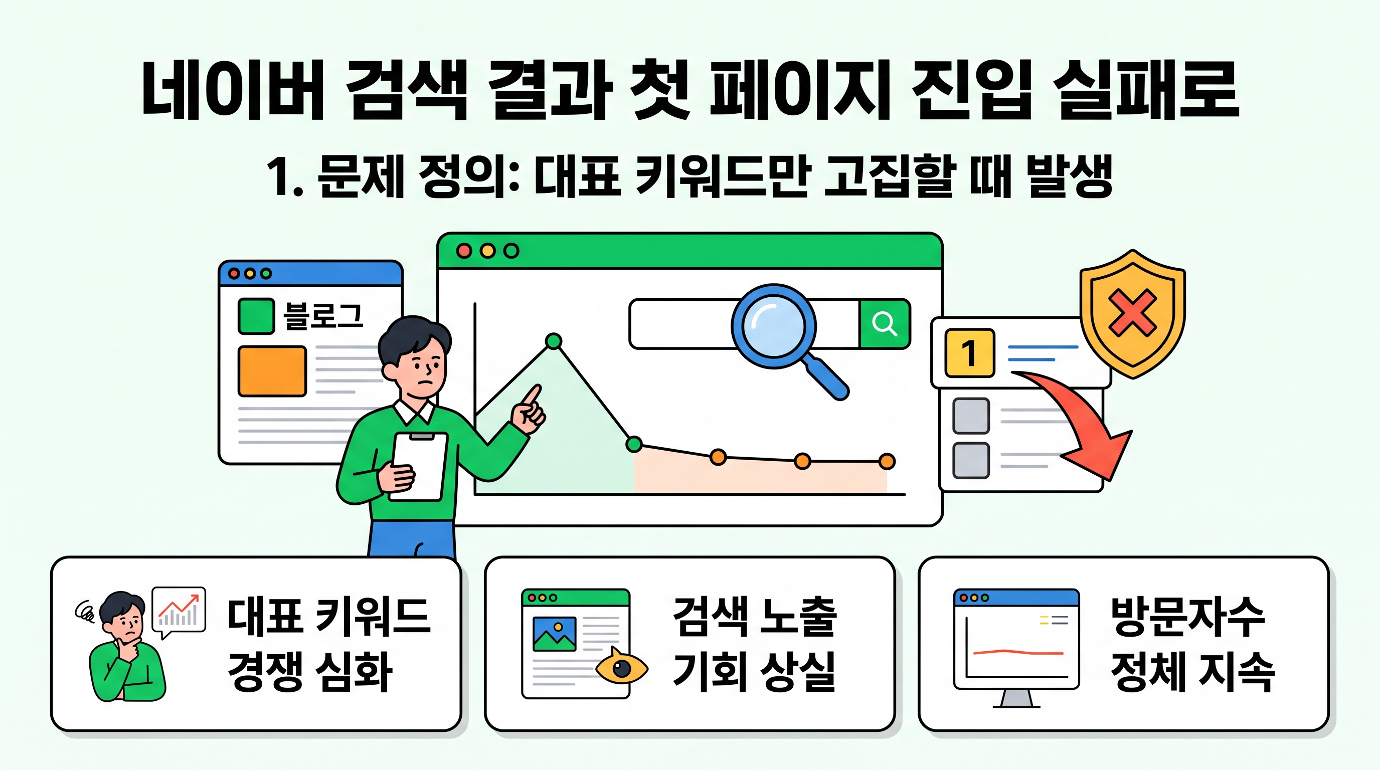 네이버 검색 결과 첫 페이지 진입 실패로 인한 방문자 수 정체 현상 그래프