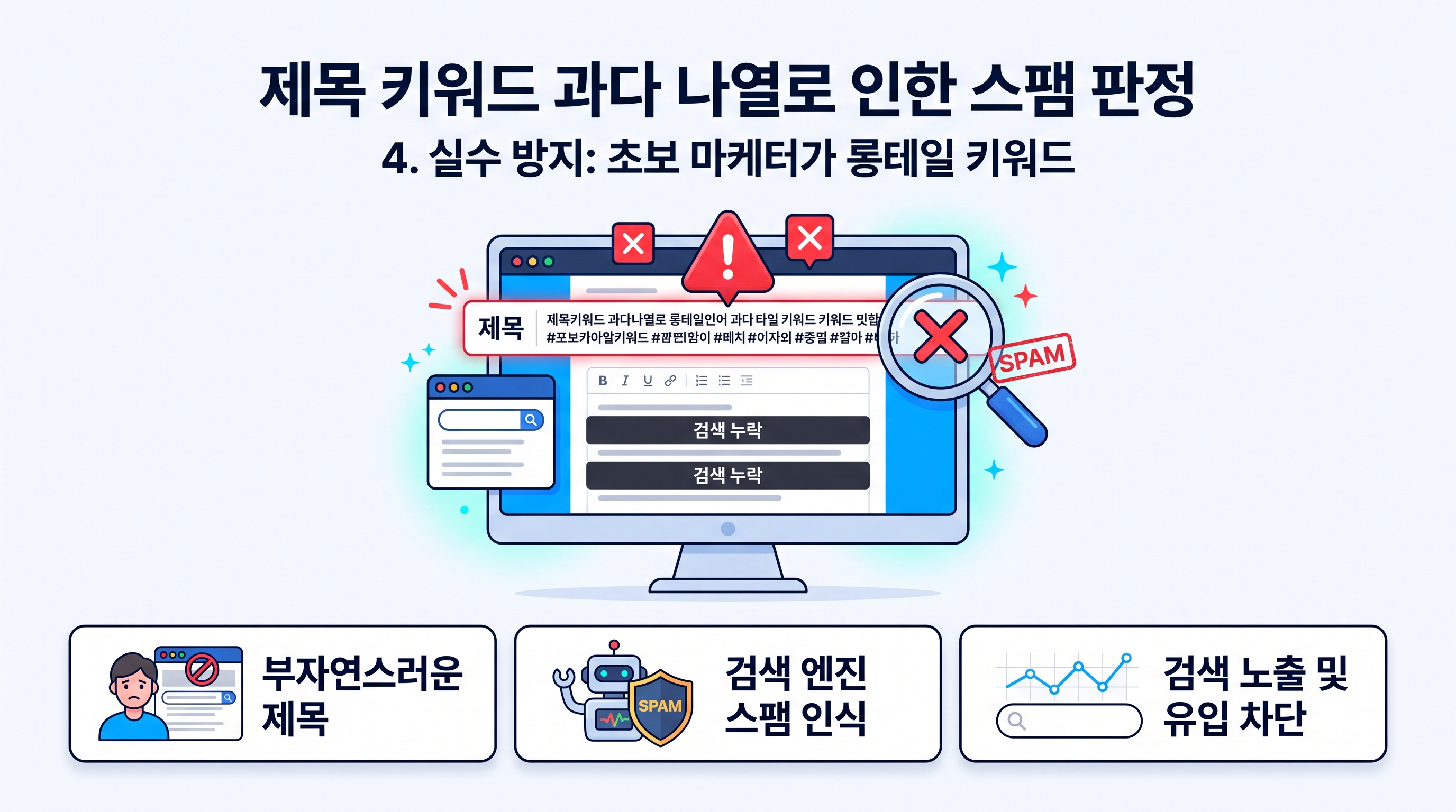 제목 키워드 과다 나열로 인한 스팸 판정 및 검색 누락 경고 예시