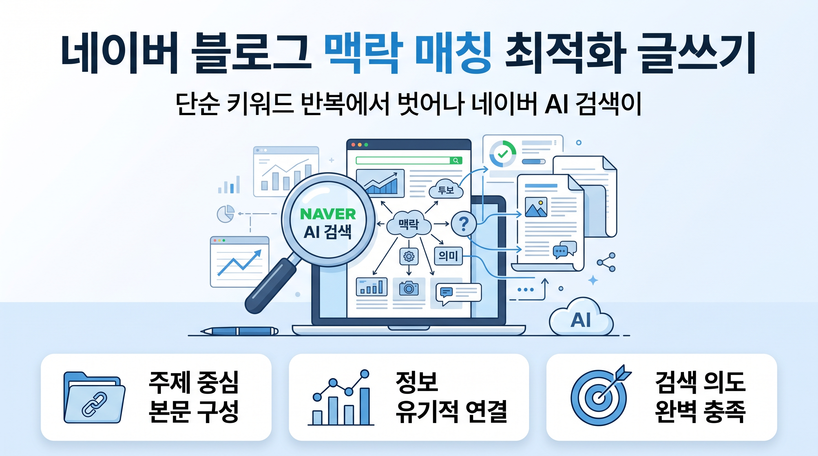 노트북으로 네이버 블로그 스마트에디터 ONE을 활용해 맥락 매칭 최적화 글쓰기를 기획하고 있는 마케터의 모습