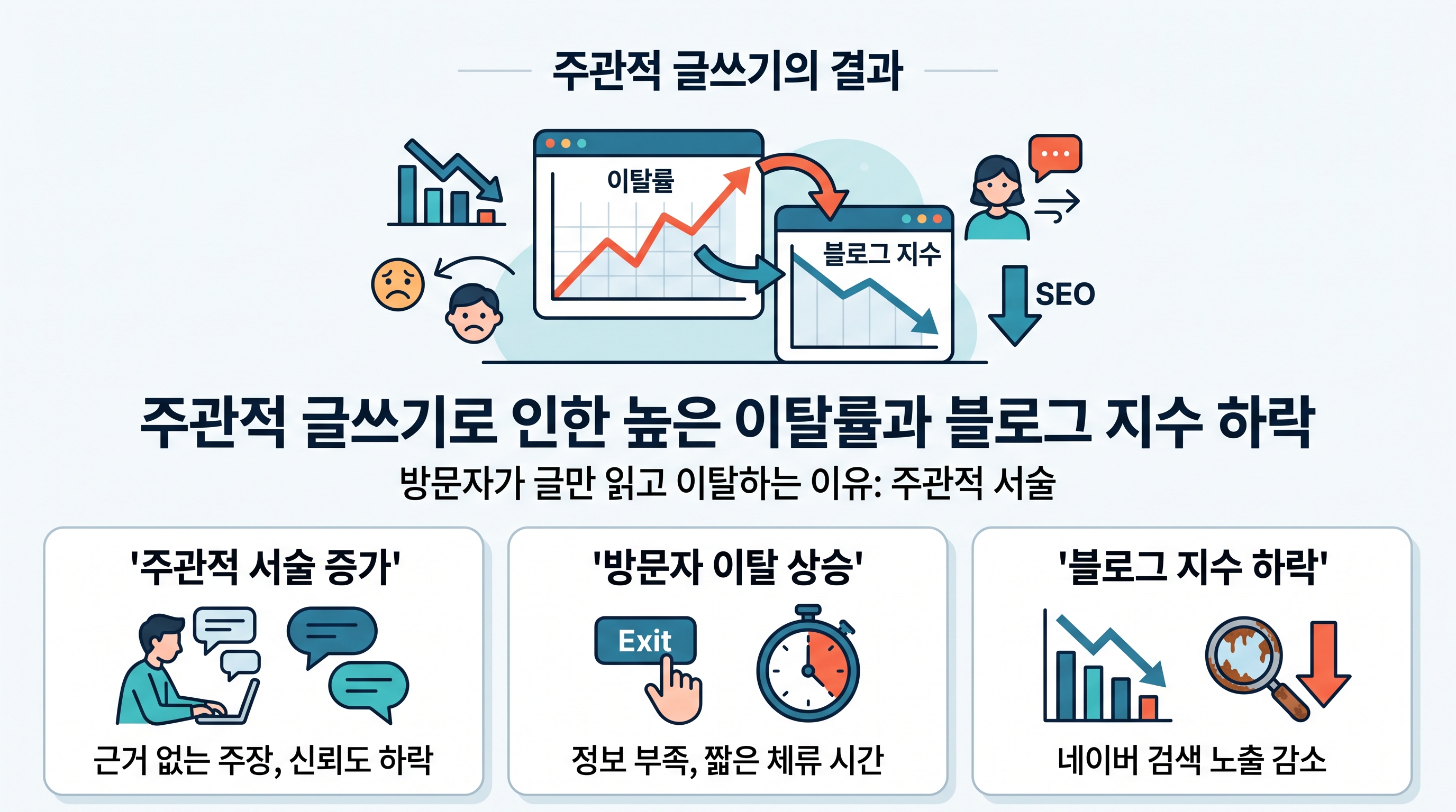 주관적 글쓰기로 인한 높은 이탈률과 블로그 지수 하락의 인과관계 그래프