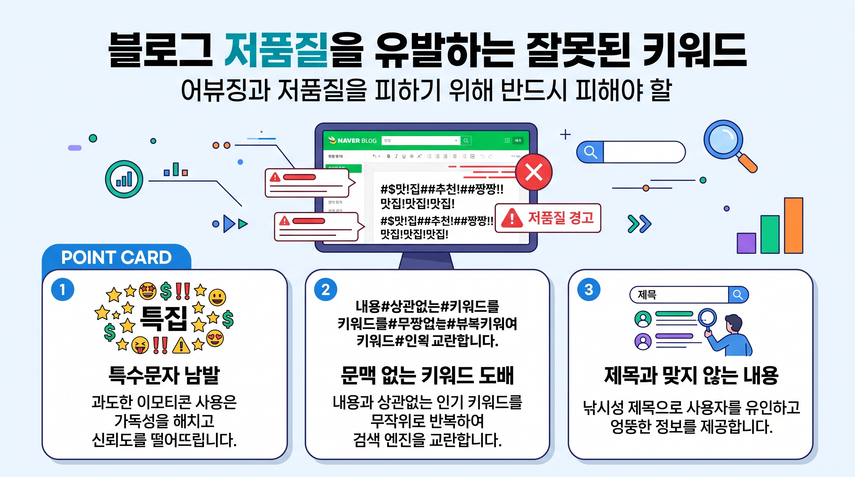 블로그 저품질을 유발하는 잘못된 키워드 반복 및 특수문자 남발 예시