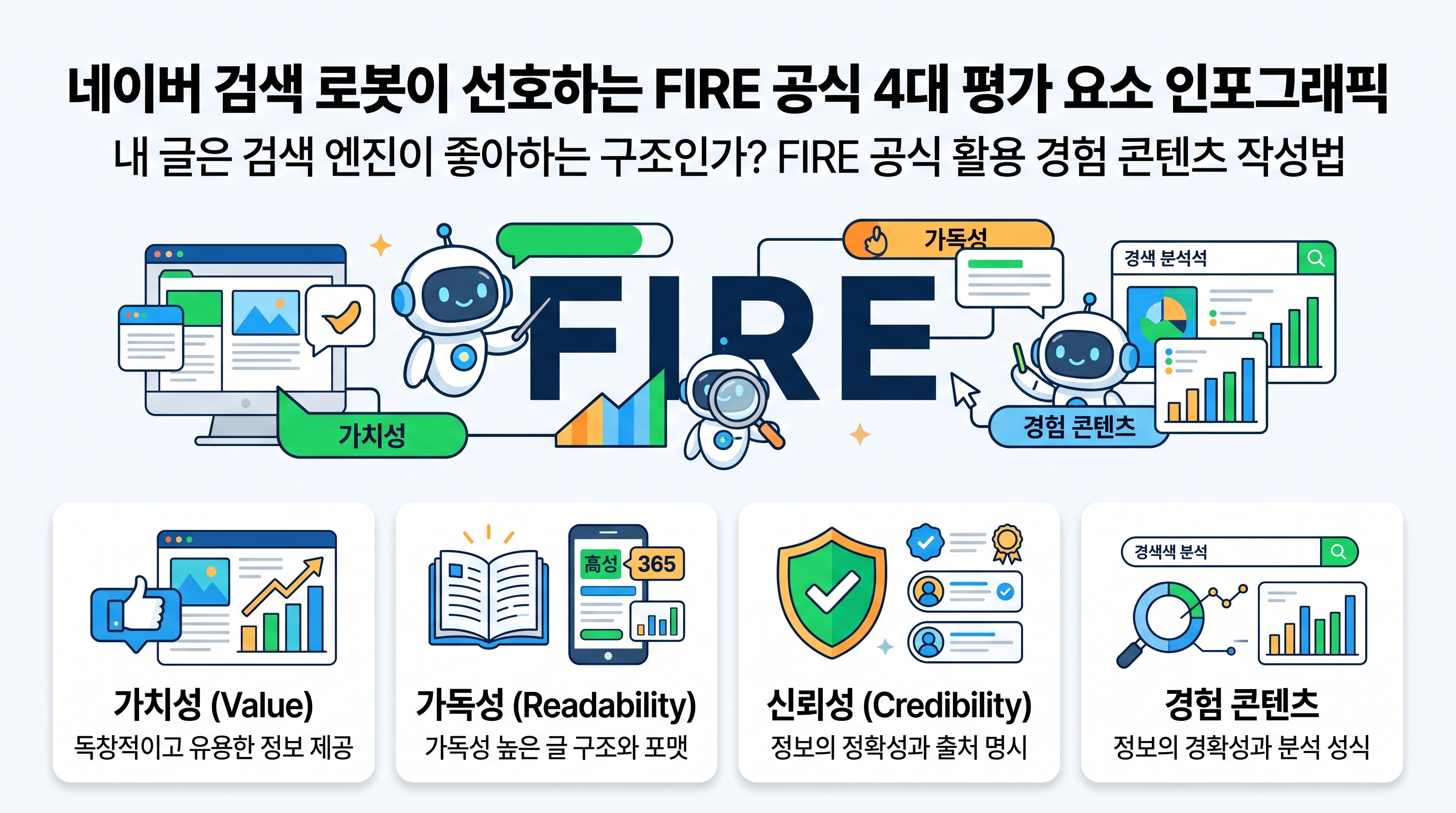 네이버 검색 로봇이 선호하는 FIRE 공식 4대 평가 요소 인포그래픽