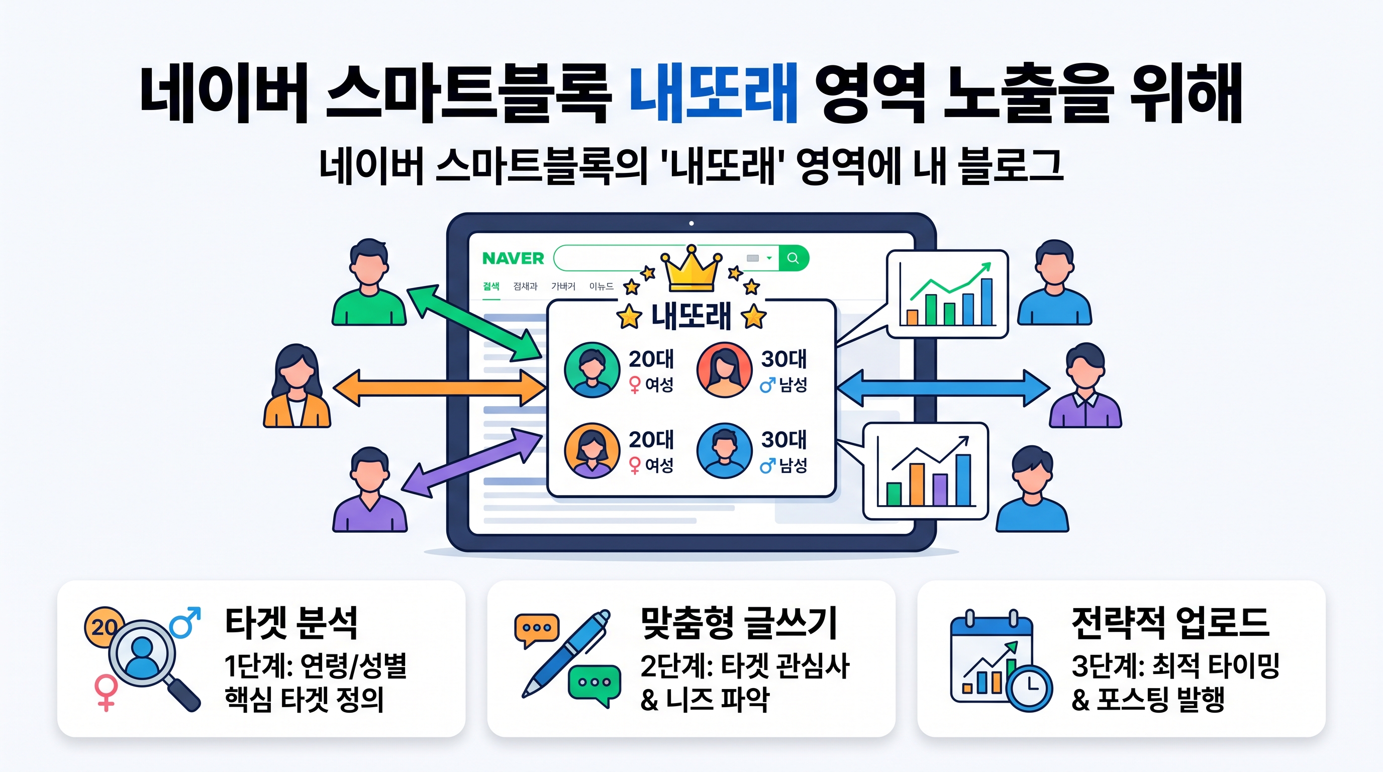 노트북으로 네이버 스마트블록 노출을 위한 타겟 연령 및 성별 맞춤형 블로그 글쓰기 전략을 기획하고 있는 마케터의 모습