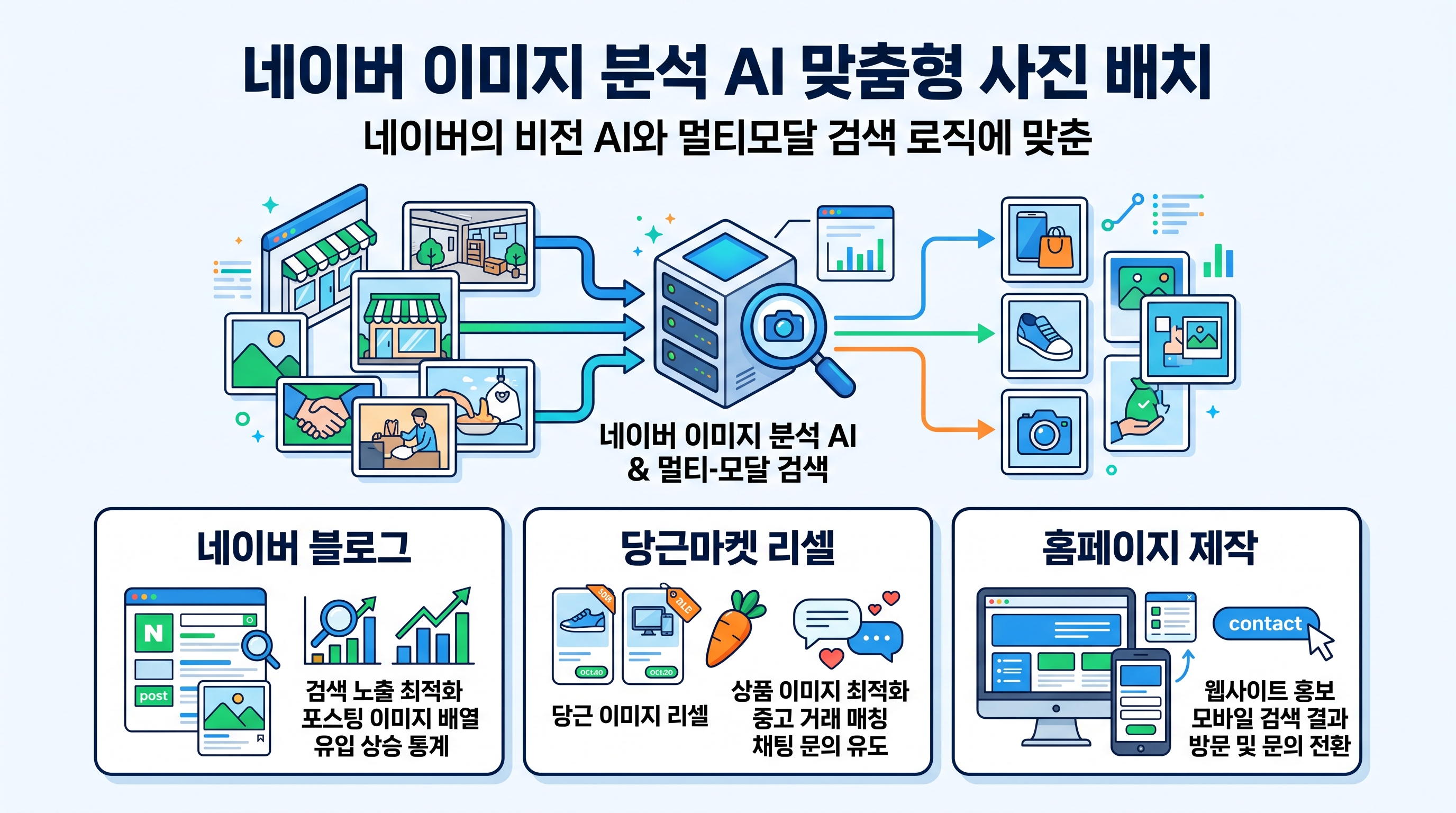 네이버 스마트폰 앱으로 매장 상품을 촬영하여 스마트렌즈로 검색하는 모습과 블로그 이미지 분석 과정을 시각화한 그래픽