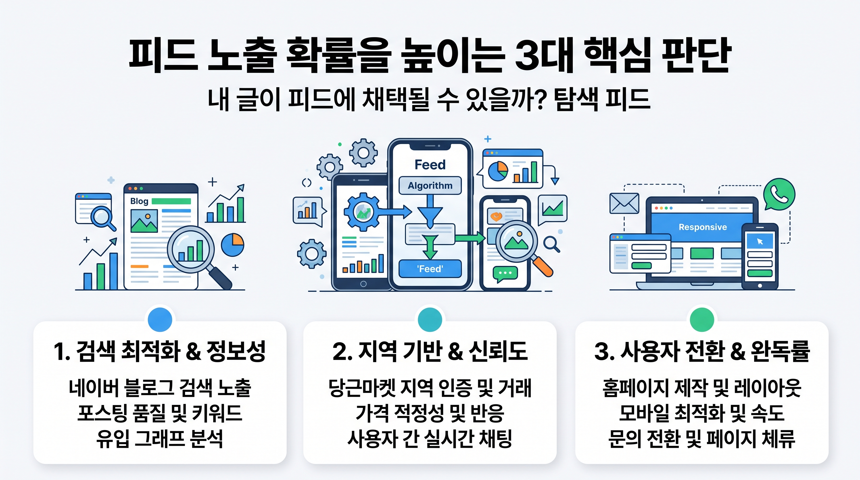 피드 노출 확률을 높이는 3대 핵심 판단 기준 인포그래픽