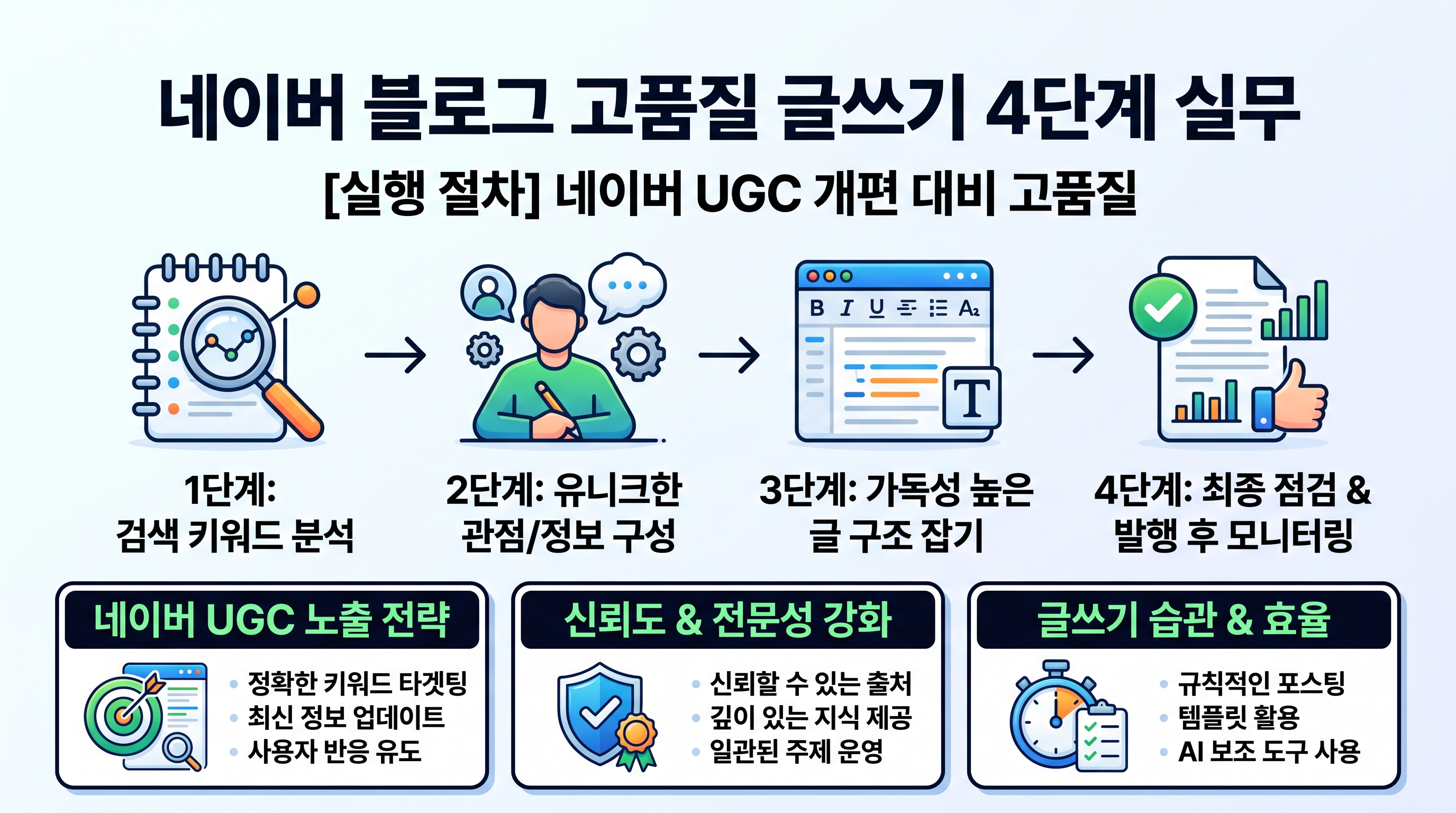 네이버 블로그 고품질 글쓰기 4단계 실무 프로세스 다이어그램