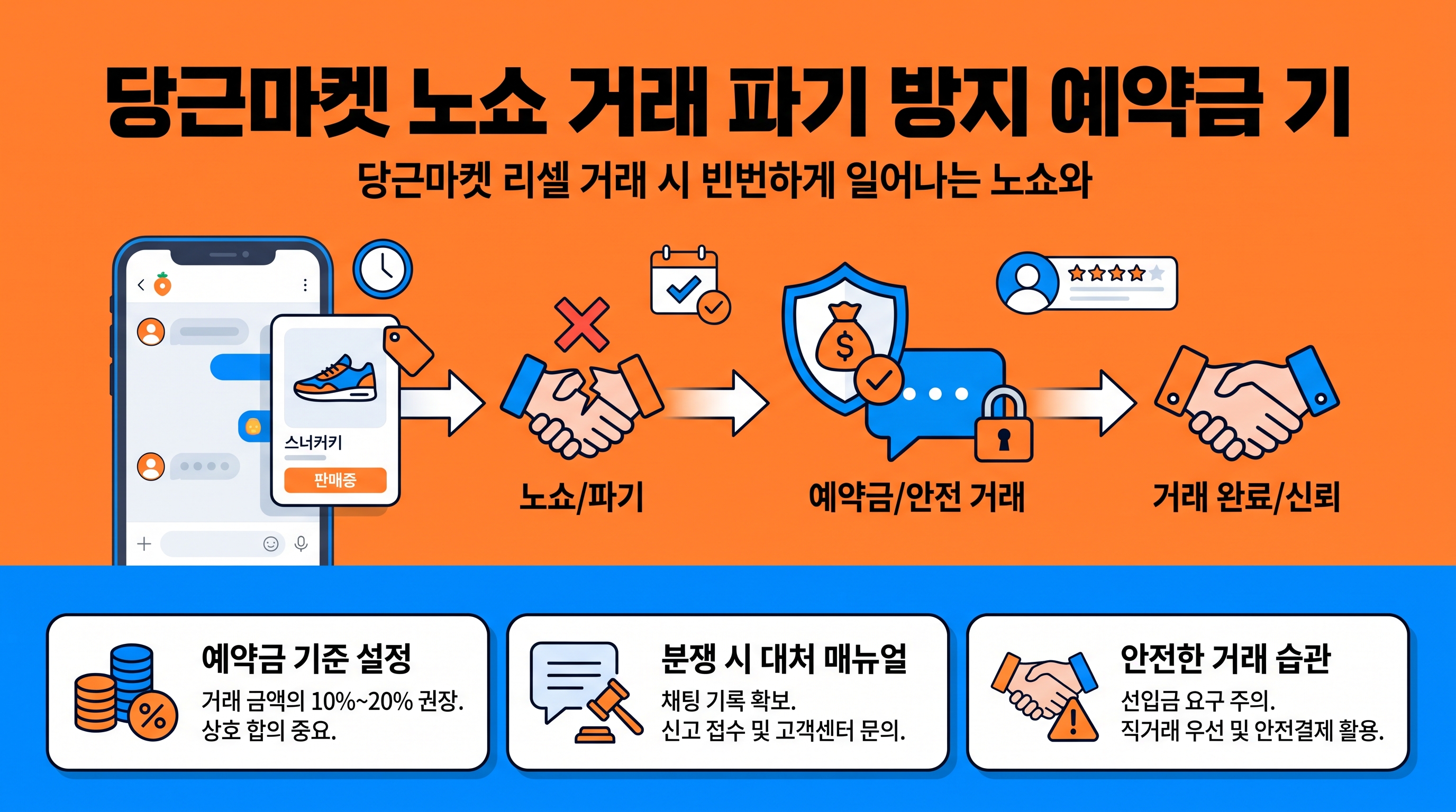 당근마켓 채팅 화면에서 직거래 약속과 예약금 안내 문구를 확인하는 스마트폰 화면