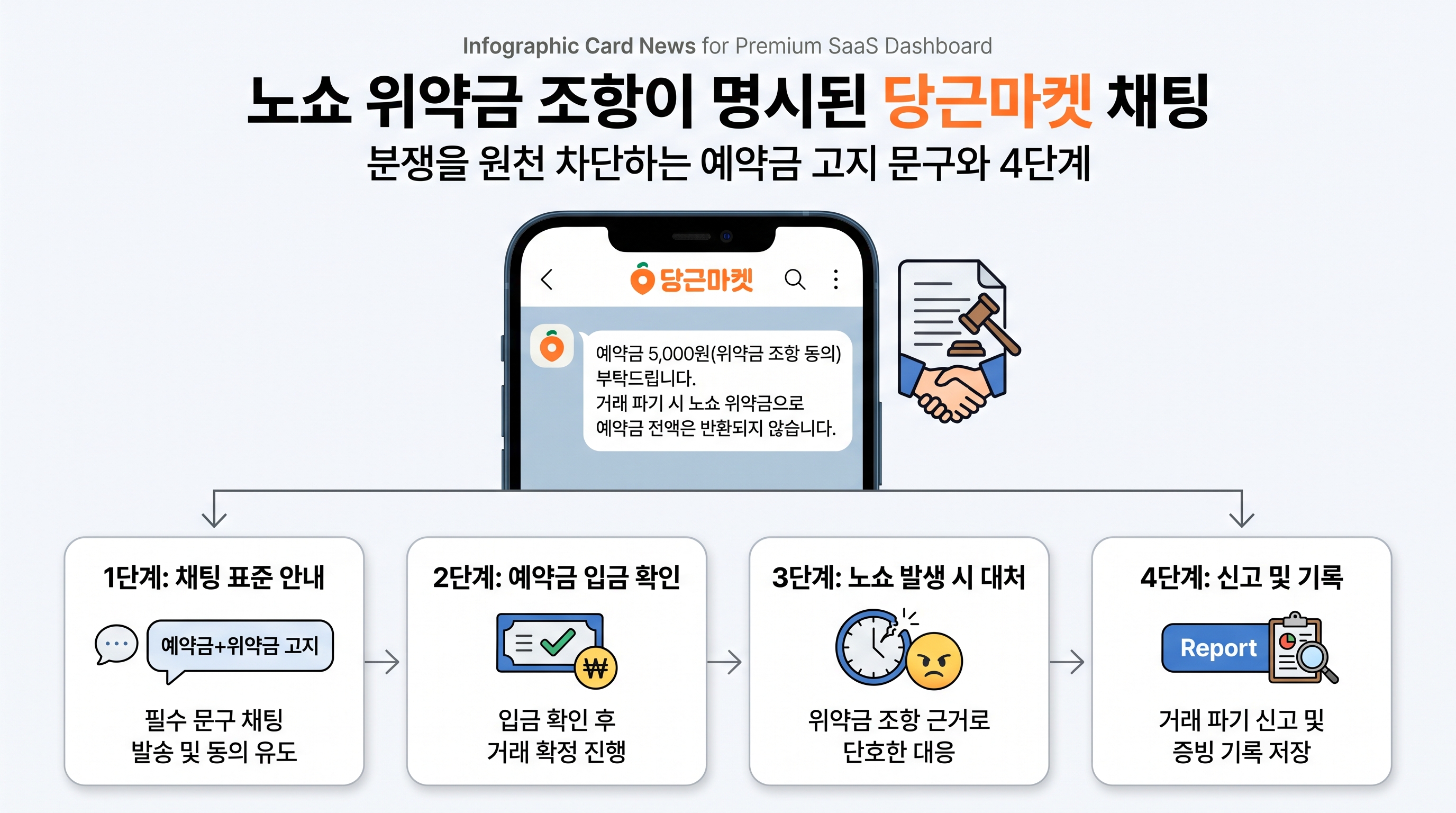 노쇼 위약금 조항이 명시된 당근마켓 채팅 표준 안내 템플릿과 4단계 프로세스