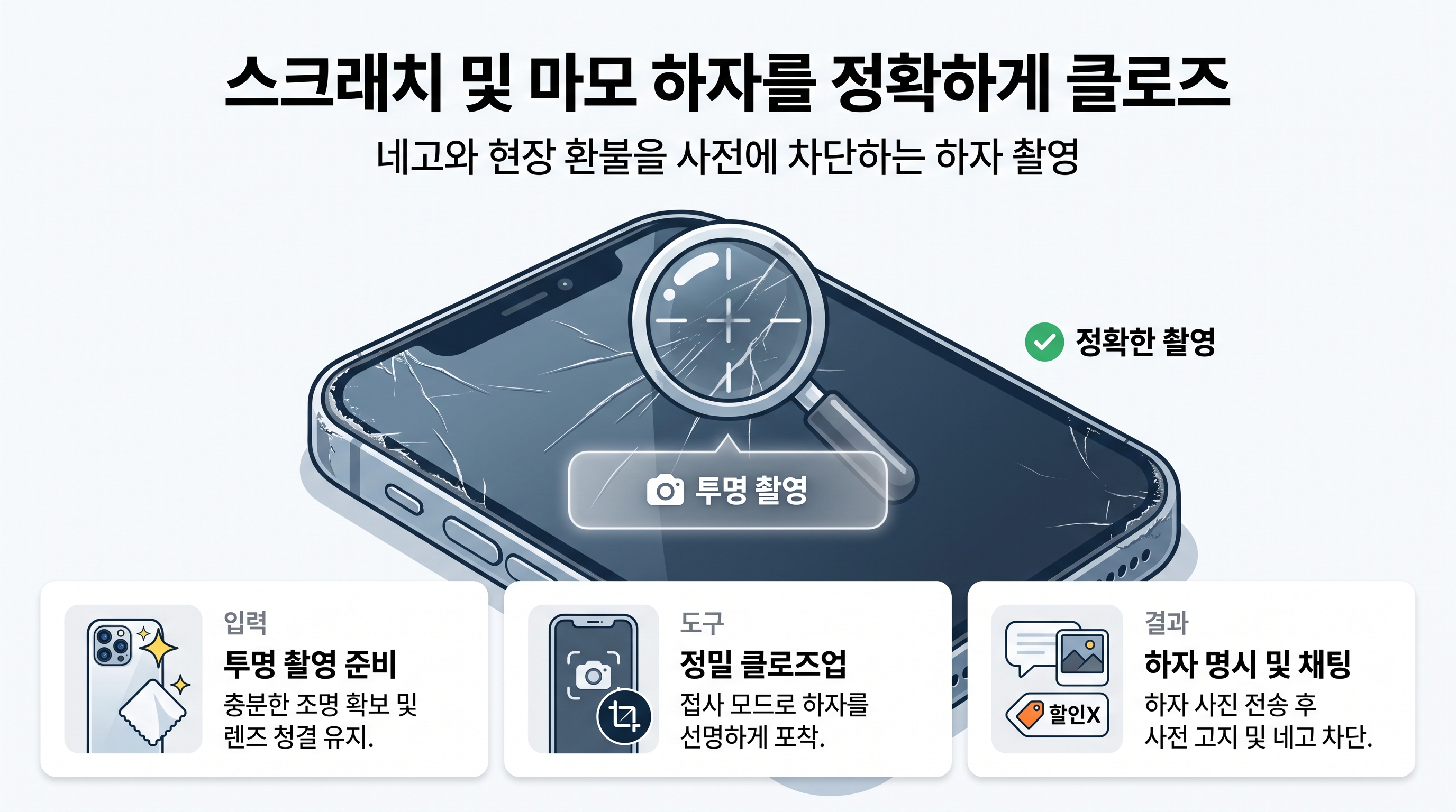 스크래치 및 마모 하자를 정확하게 클로즈업한 투명 촬영 예시