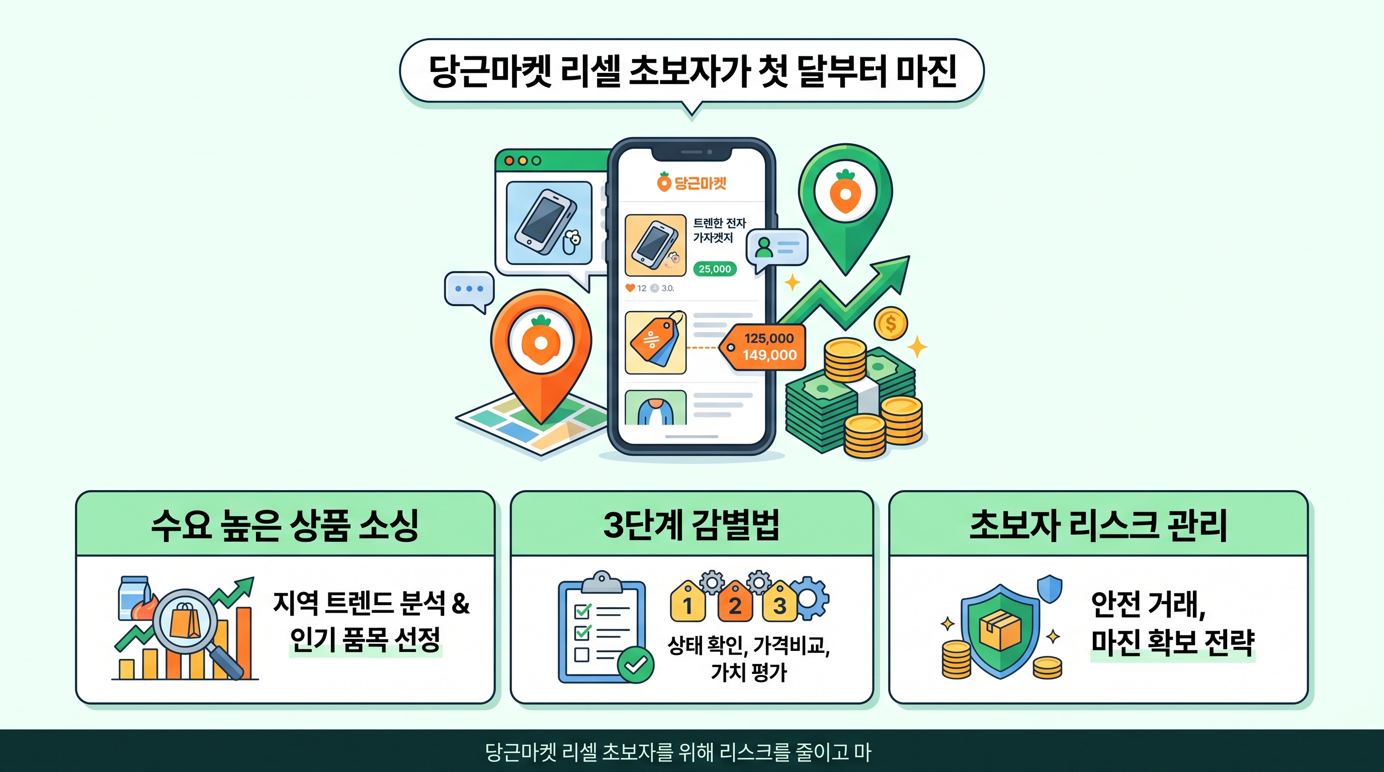당근마켓에서 판매할 스마트폰 화면과 고마진 중고 상품들을 분석하고 있는 초보 리셀러의 모습