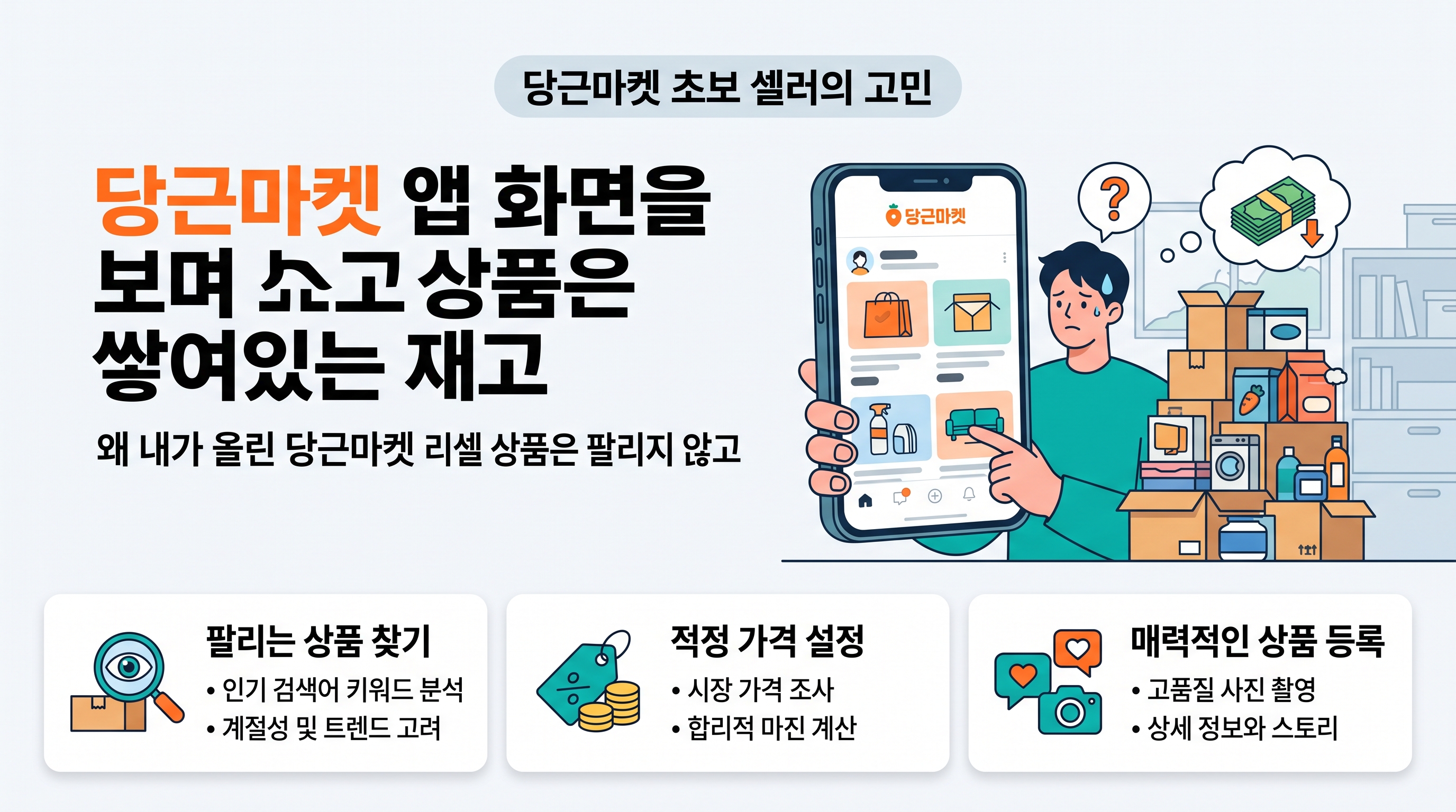 당근마켓 앱 화면을 보며 쌓여있는 재고 상품을 걱정스럽게 바라보는 초보 판매자