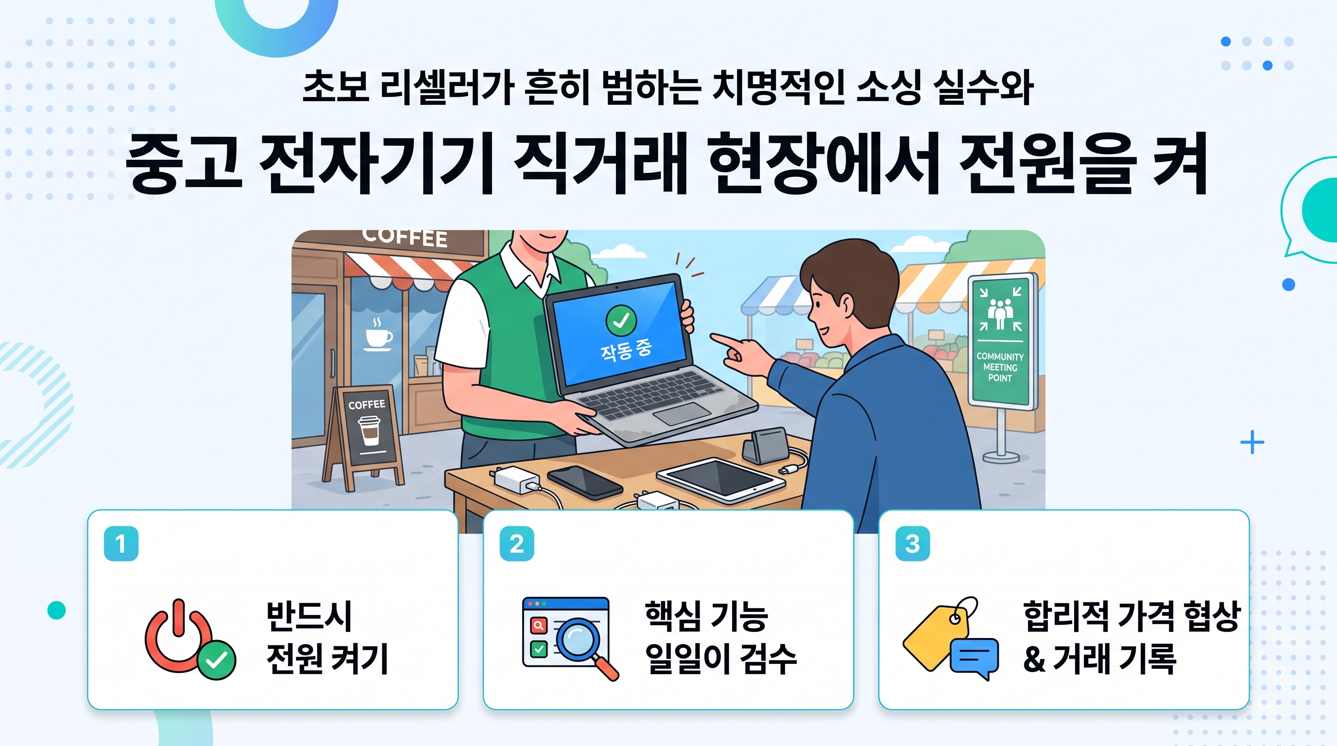 중고 전자기기 직거래 현장에서 전원을 켜고 작동 상태를 꼼꼼히 검수하는 모습