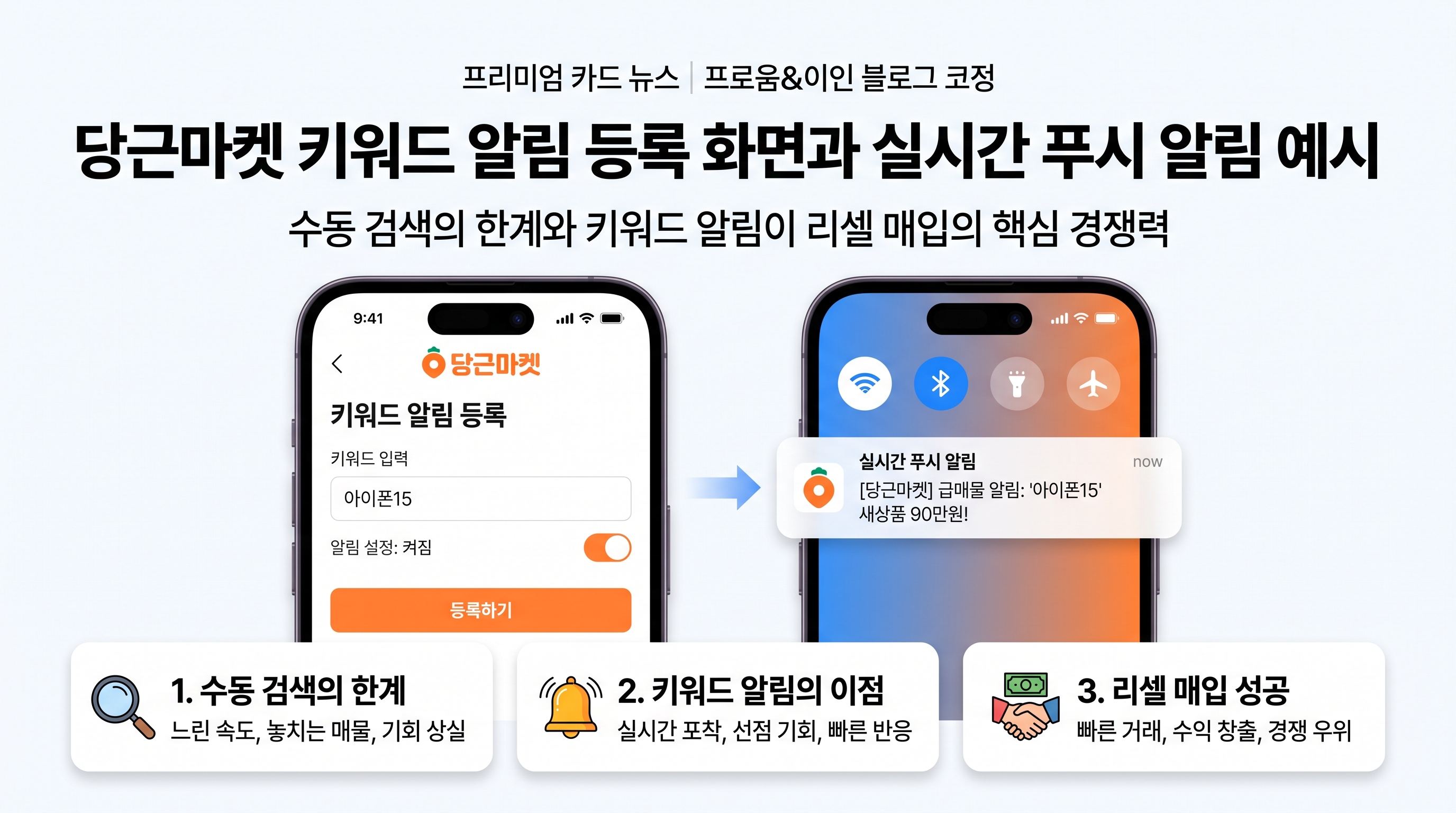 당근마켓 키워드 알림 등록 화면과 실시간 푸시 알림 예시
