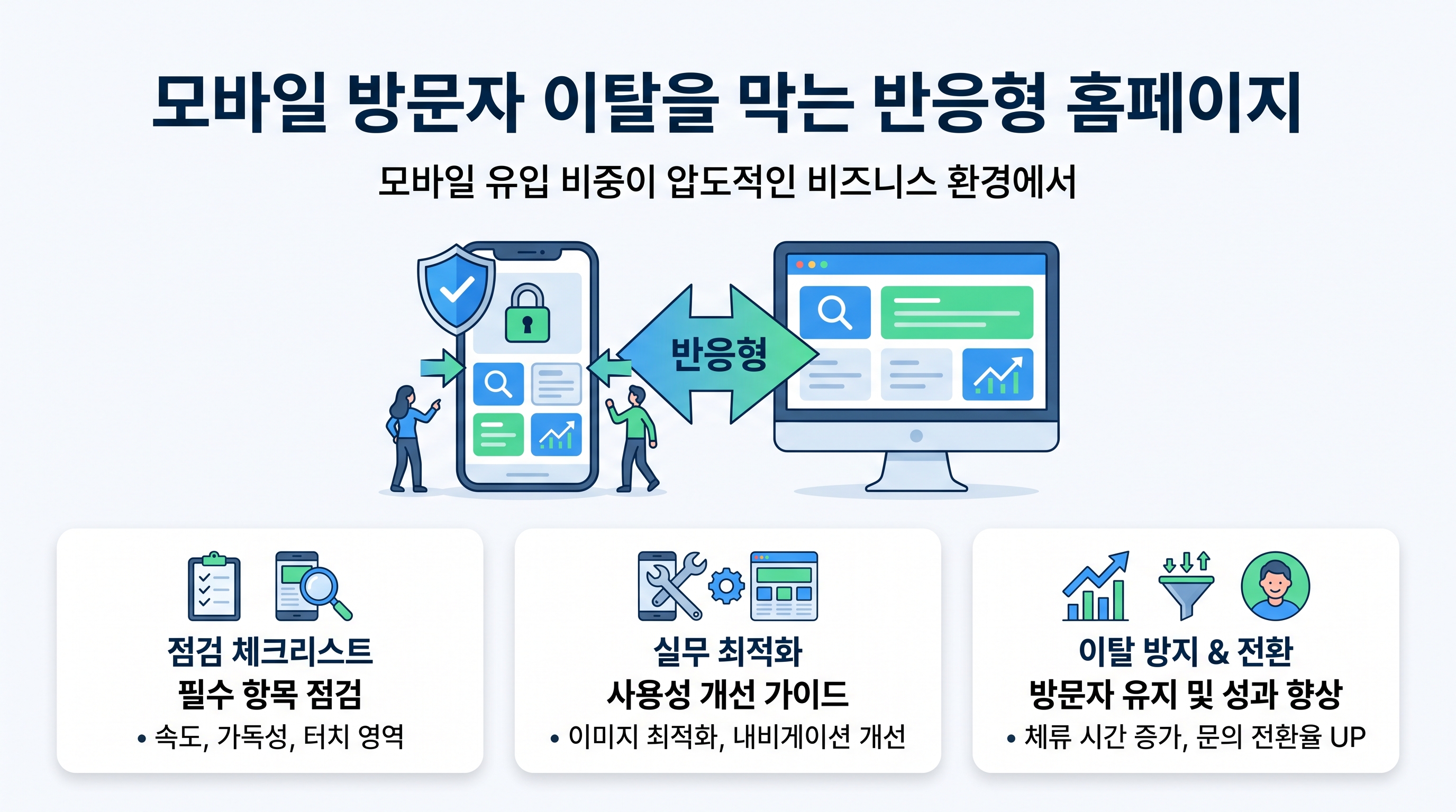 스마트폰 화면과 태블릿 및 PC 화면에서 최적화된 반응형 웹사이트 레이아웃을 점검하는 모습