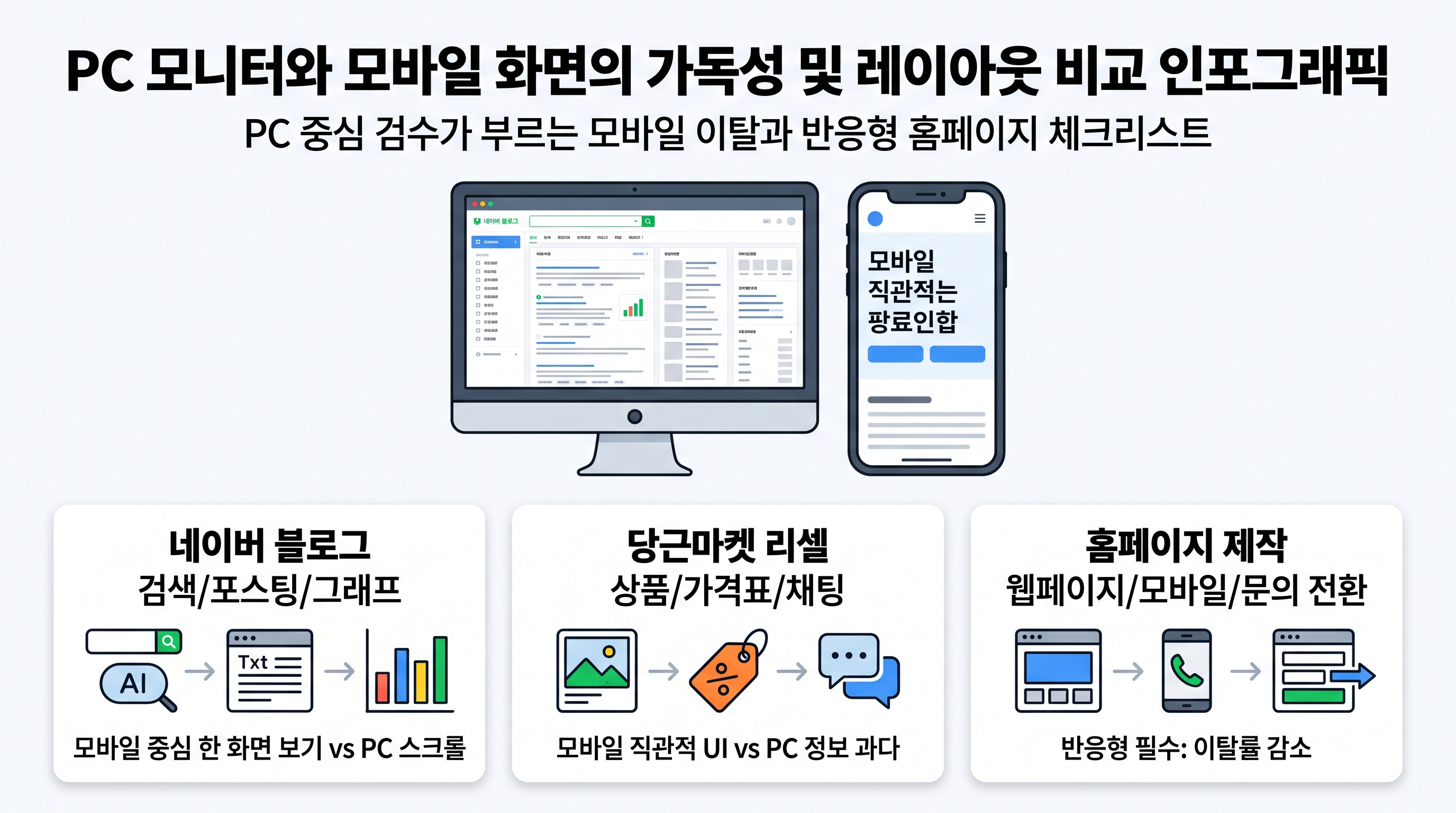 pc 모니터와 모바일 화면의 가독성 및 레이아웃 비교 인포그래픽