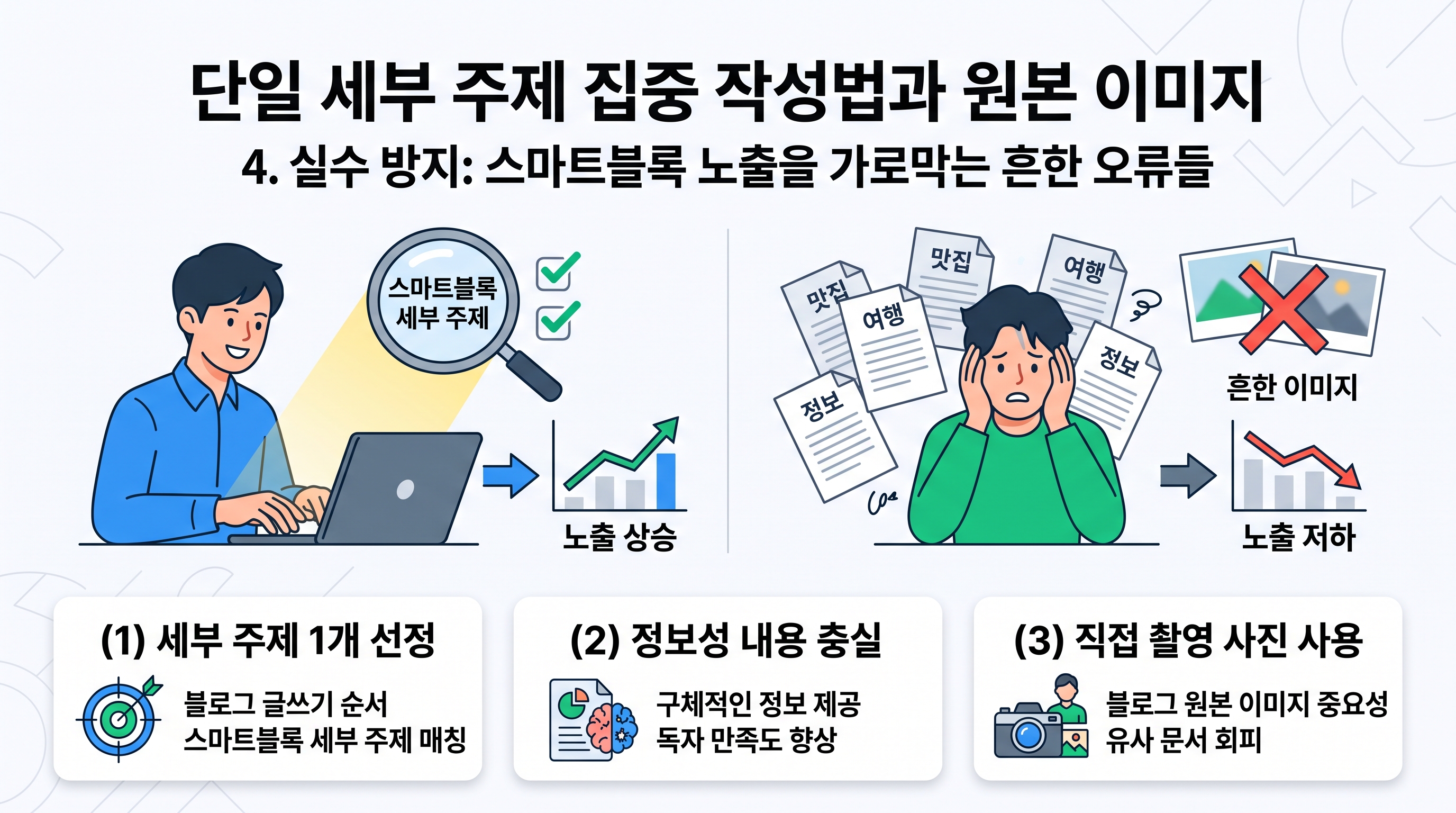단일 세부 주제 집중 작성법과 원본 이미지 사용의 중요성을 나타내는 비교 일러스트