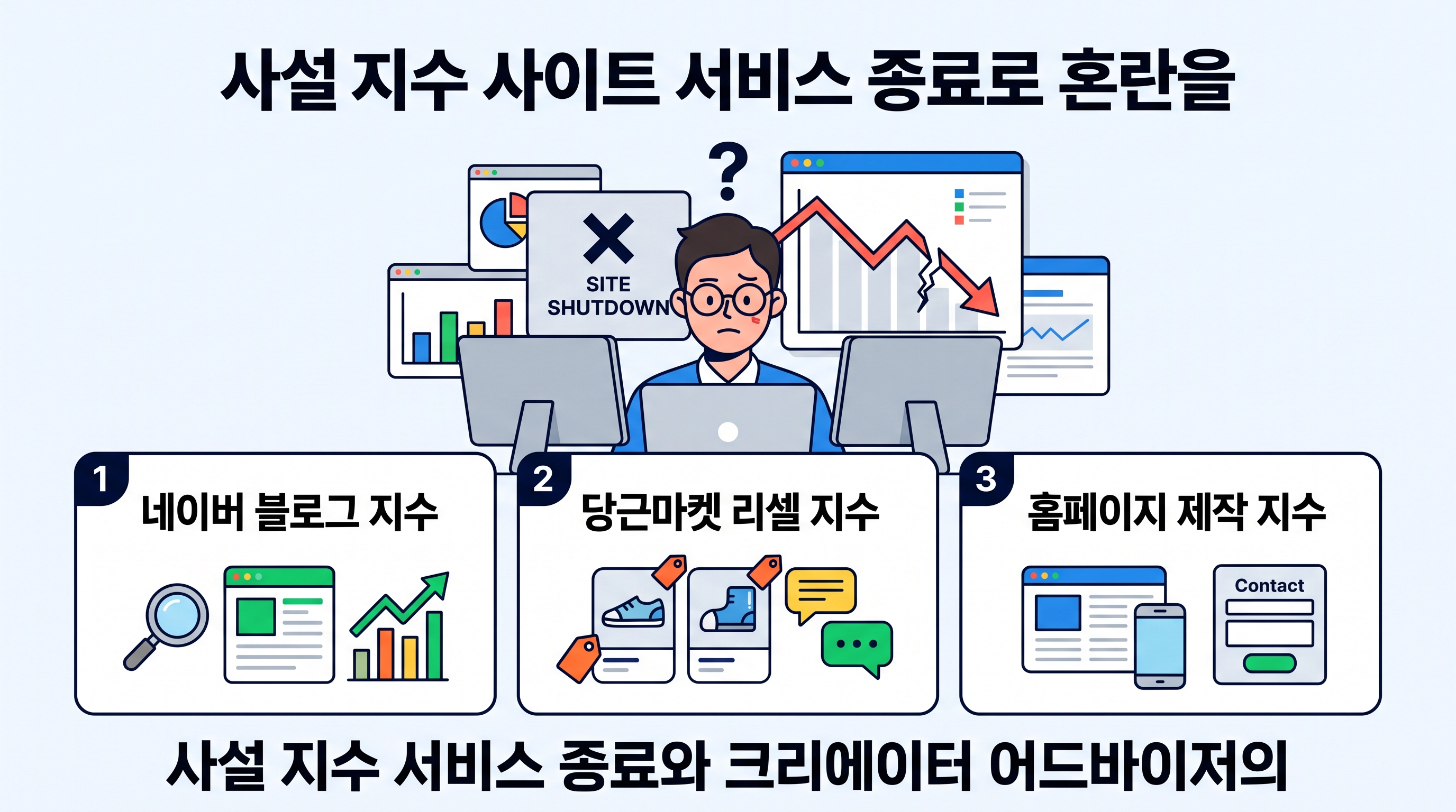 사설 지수 사이트 서비스 종료로 혼란을 겪는 블로그 운영자의 모습