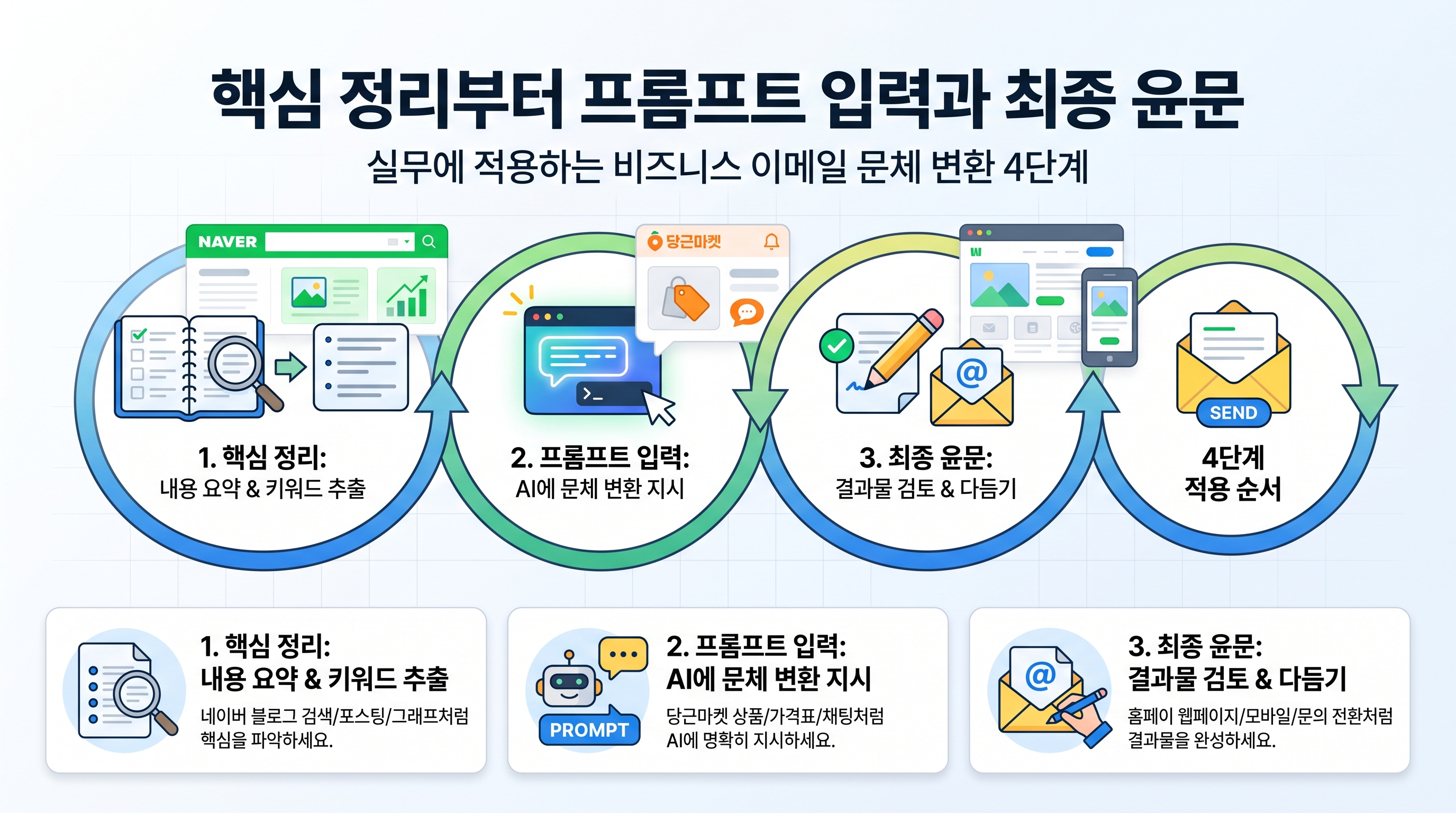 핵심 정리부터 프롬프트 입력과 최종 윤문으로 이어지는 4단계 적용 순서