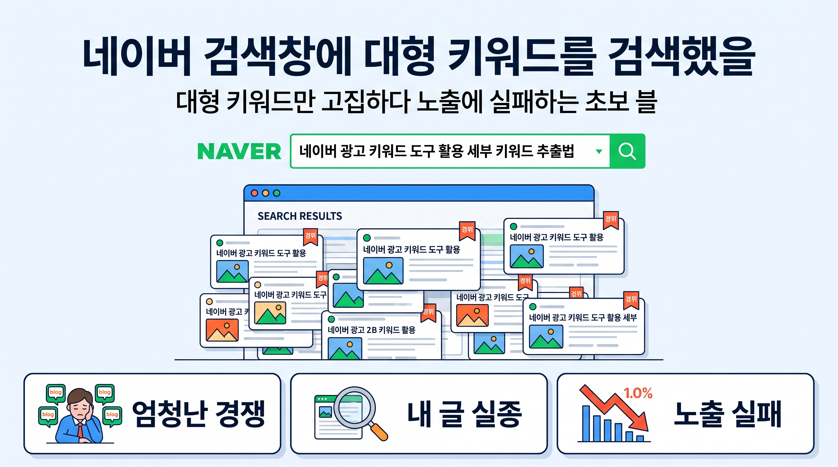 네이버 검색창에 대형 키워드를 검색했을 때 수많은 경쟁 글이 노출되는 화면