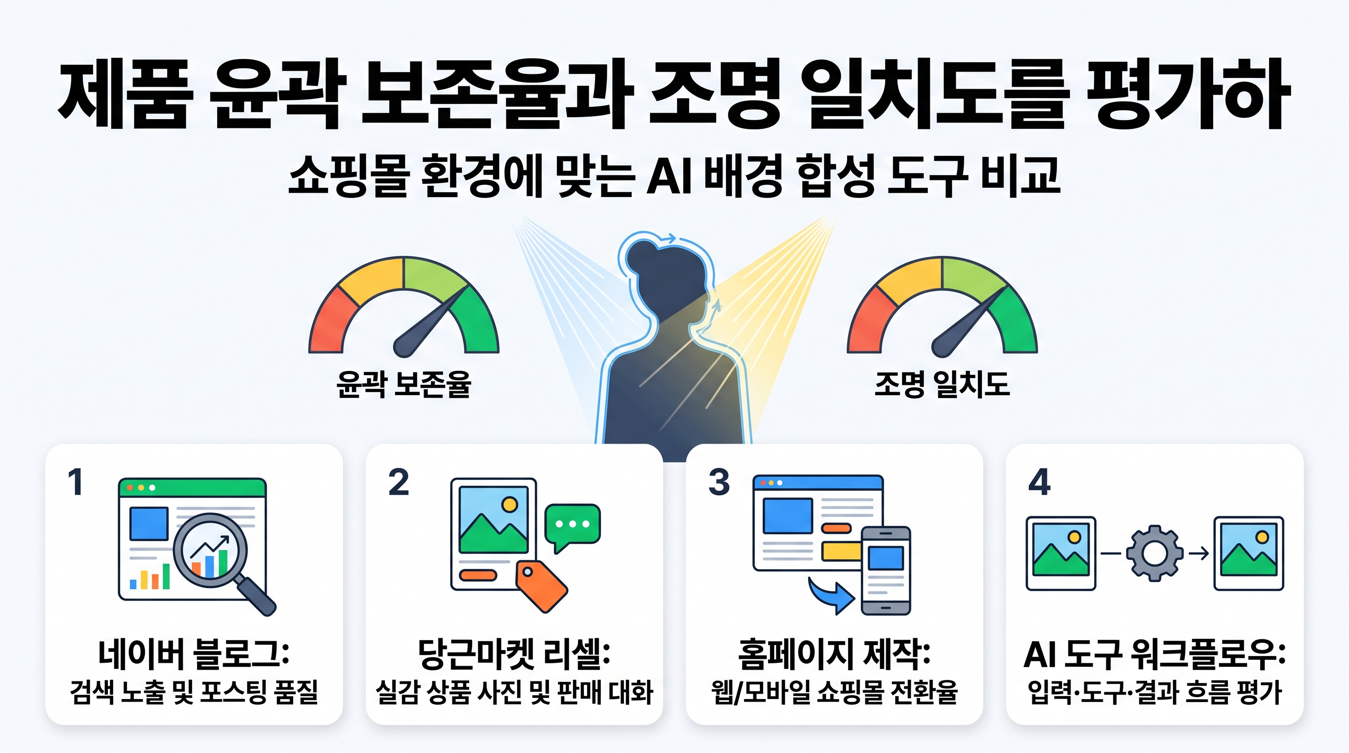 제품 윤곽 보존율과 조명 일치도를 평가하는 4대 비교 기준 인포그래픽