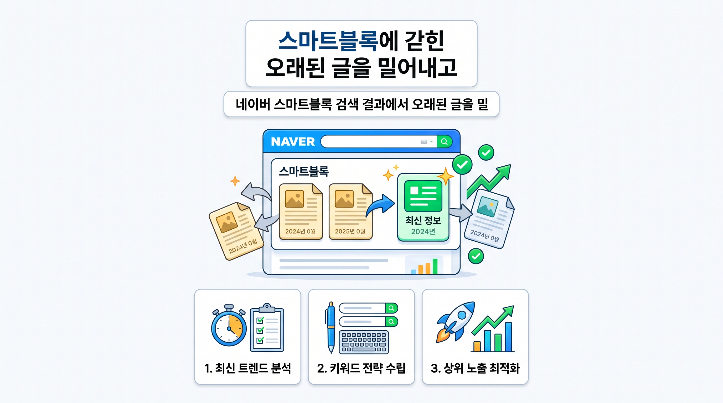 네이버 스마트블록 검색 결과 화면을 분석하며 최신 정보로 상위노출 글을 작성하는 마케터의 모습