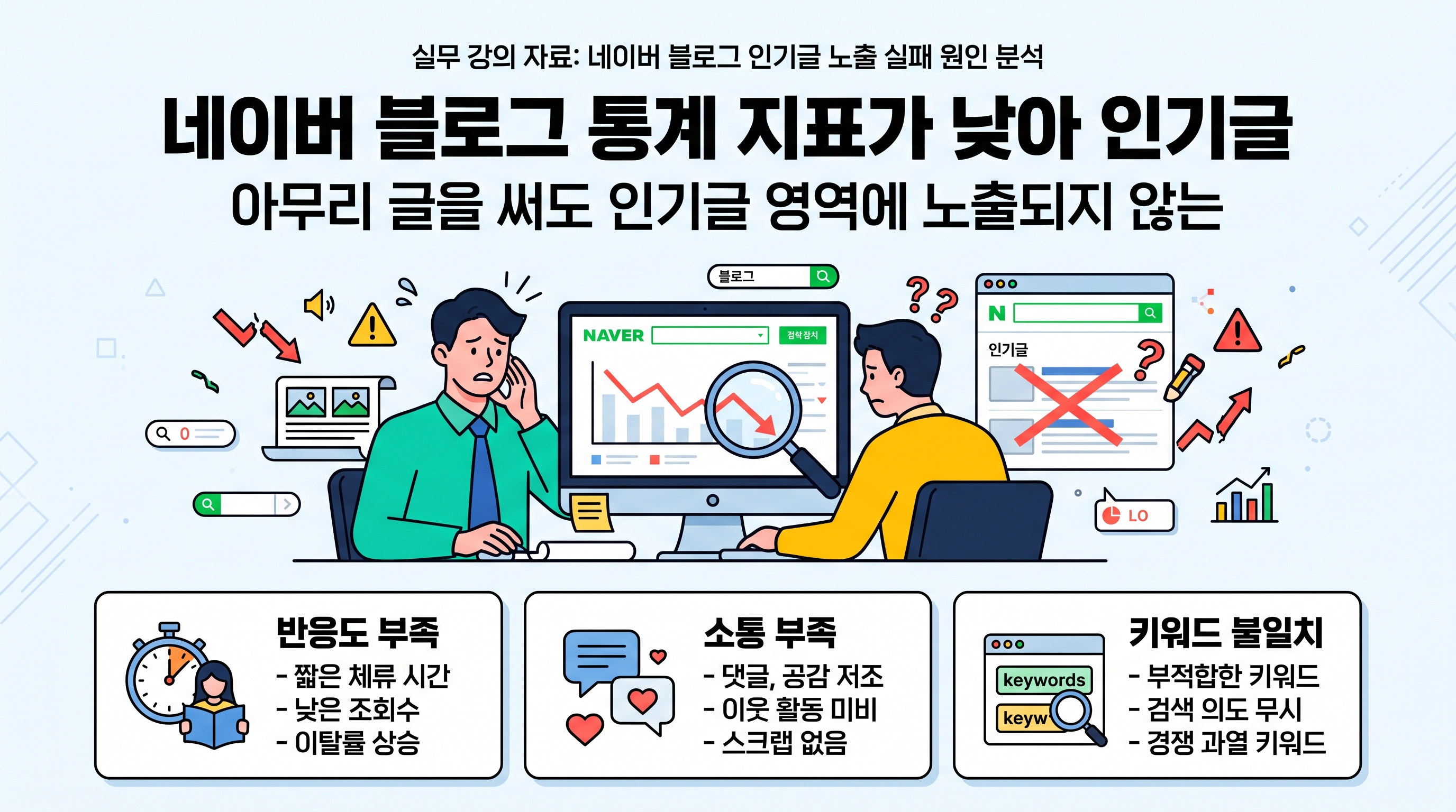 네이버 블로그 통계 지표가 낮아 인기글 노출에 실패하는 원인 분석 일러스트