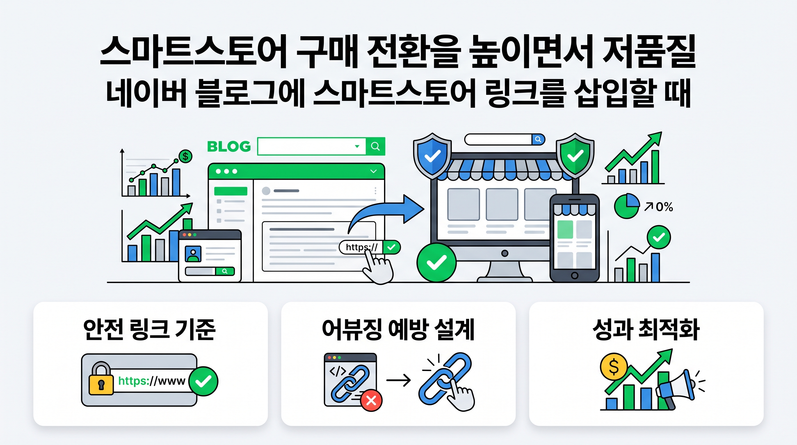 노트북 화면에 띄워진 네이버 블로그 에디터와 스마트스토어 상세페이지의 안전한 링크 연동 과정을 나타내는 일러스트