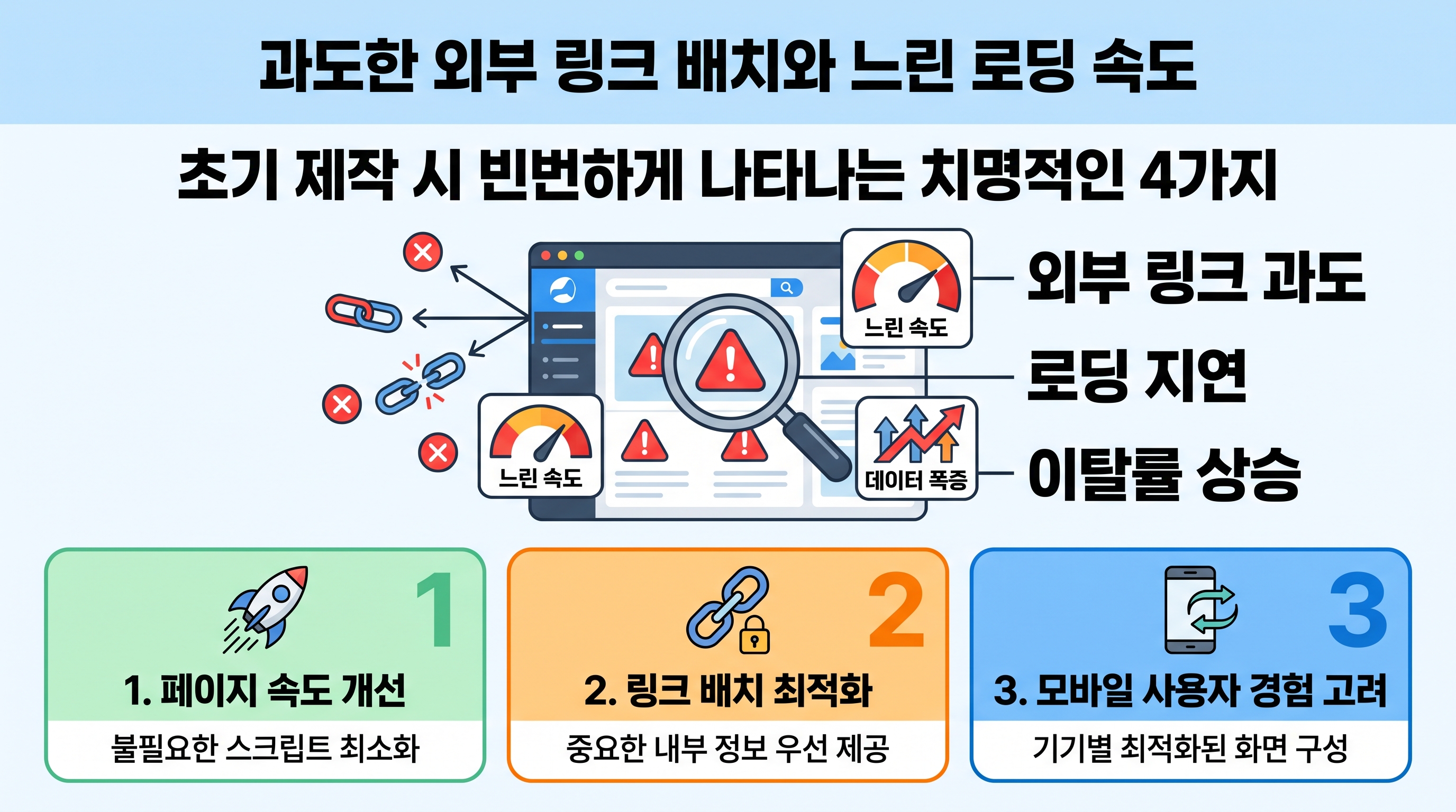 과도한 외부 링크 배치와 느린 로딩 속도 등 웹페이지 제작 시 주의해야 할 오류 사례