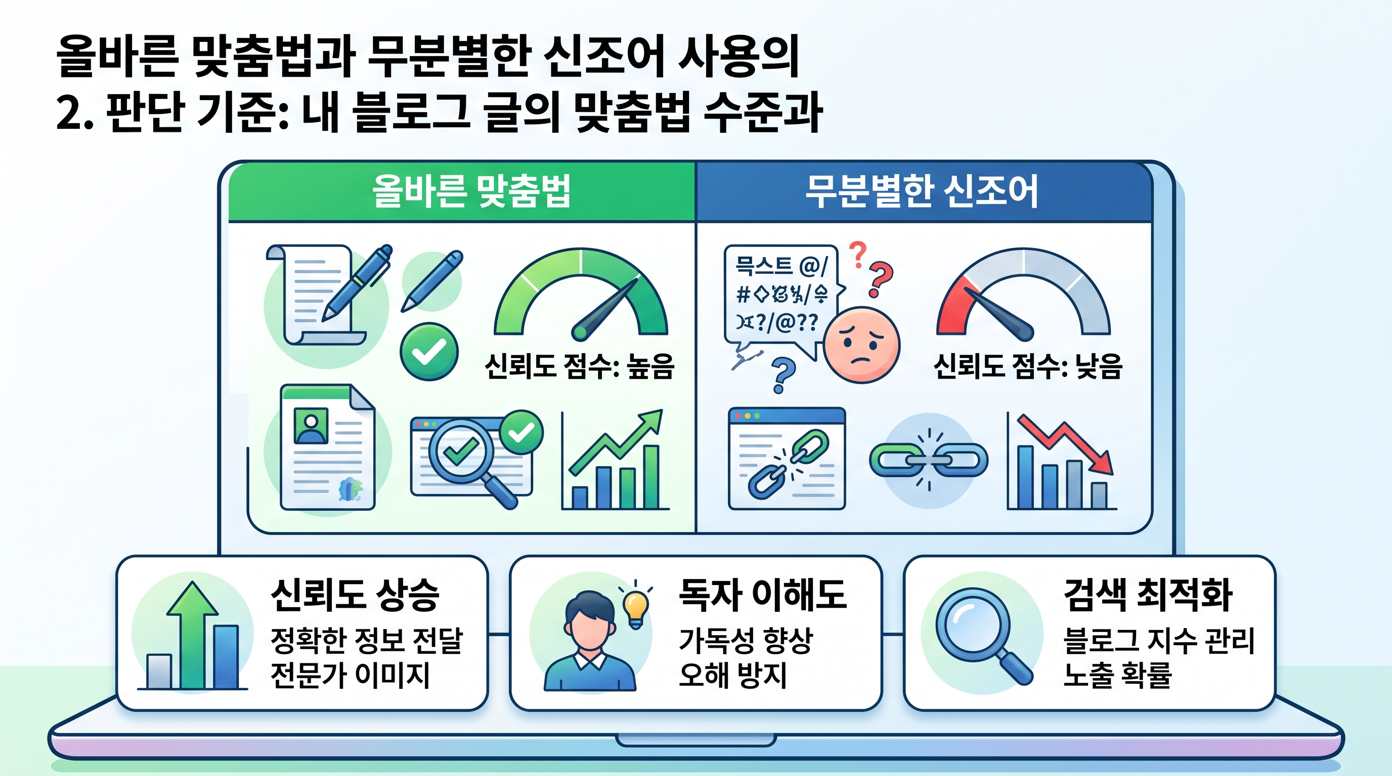 올바른 맞춤법과 무분별한 신조어 사용의 신뢰도 점수 차이를 비교하는 대조표
