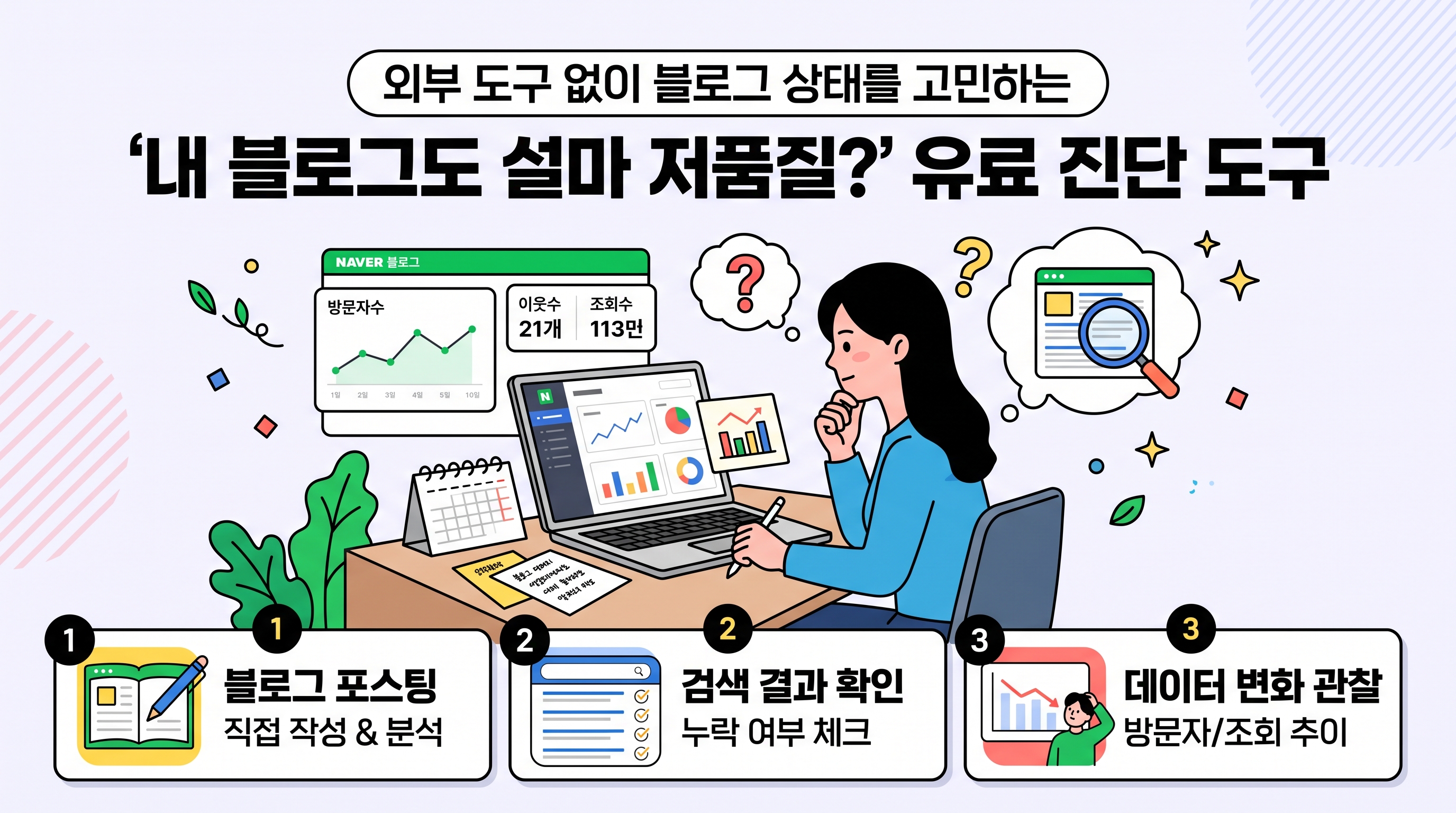 외부 도구 없이 블로그 상태를 고민하는 마케터의 모습
