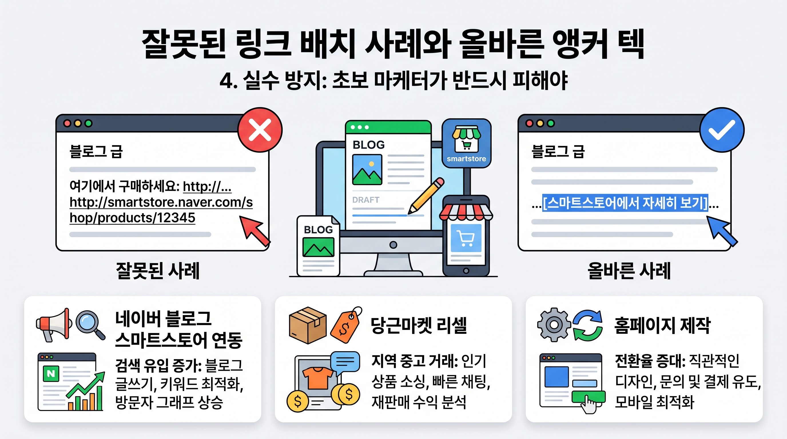 잘못된 링크 배치 사례와 올바른 앵커 텍스트 삽입 예시 비교