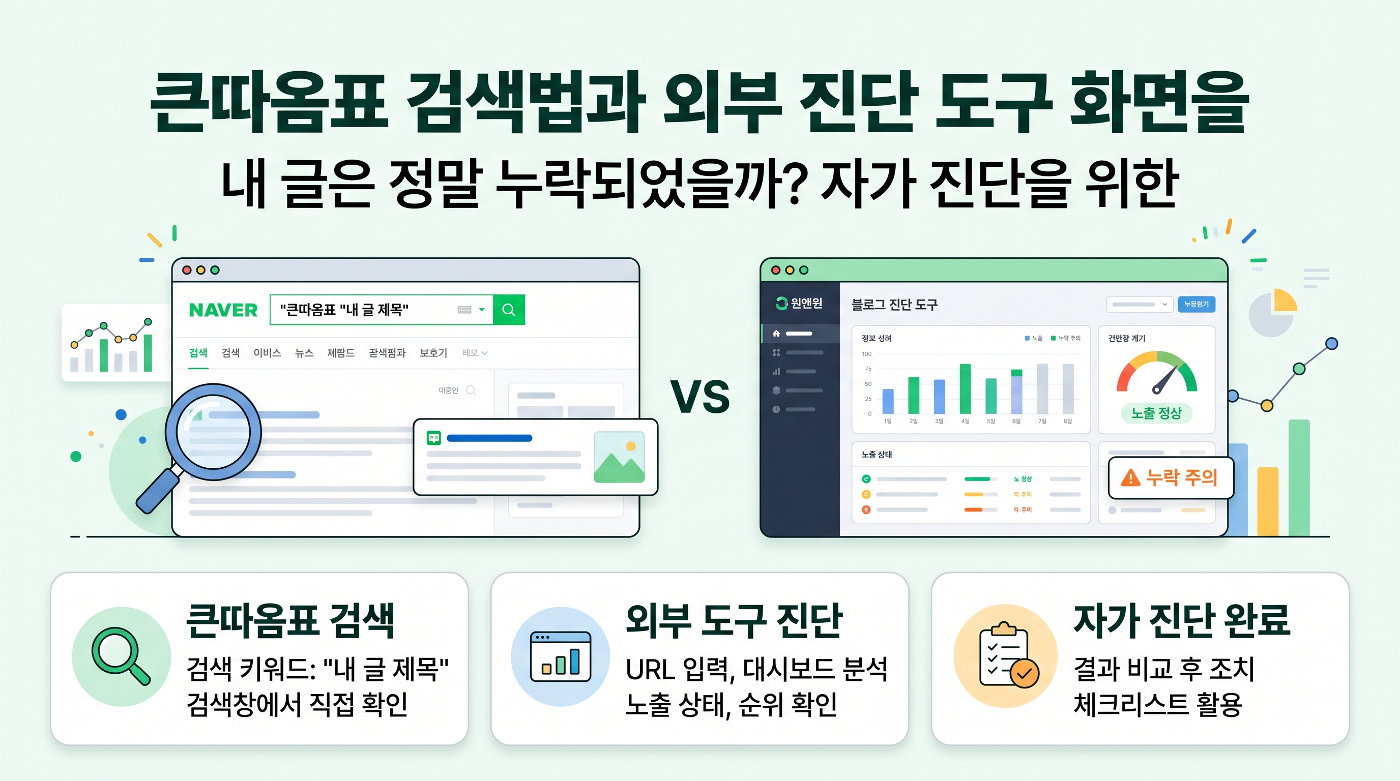 큰따옴표 검색법과 외부 진단 도구 화면을 비교 분석하는 일러스트