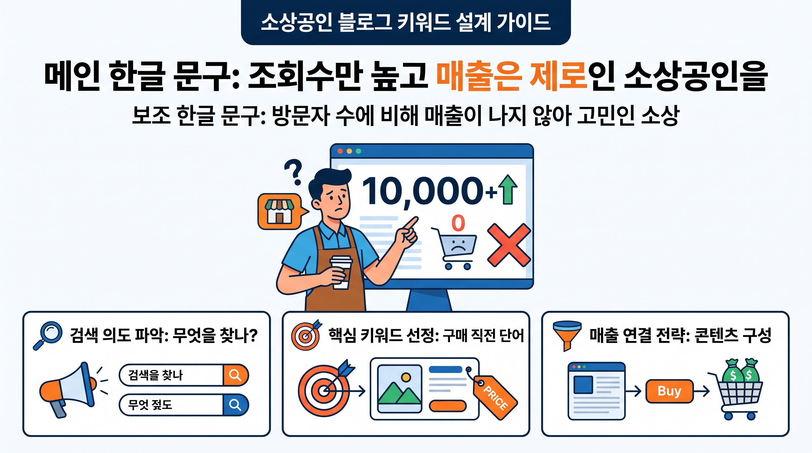 노트북 화면에 블로그 키워드 분석 툴과 구매 전환율 그래프가 표시되어 있고, 키워드 설계를 고민하는 소상공인의 모습