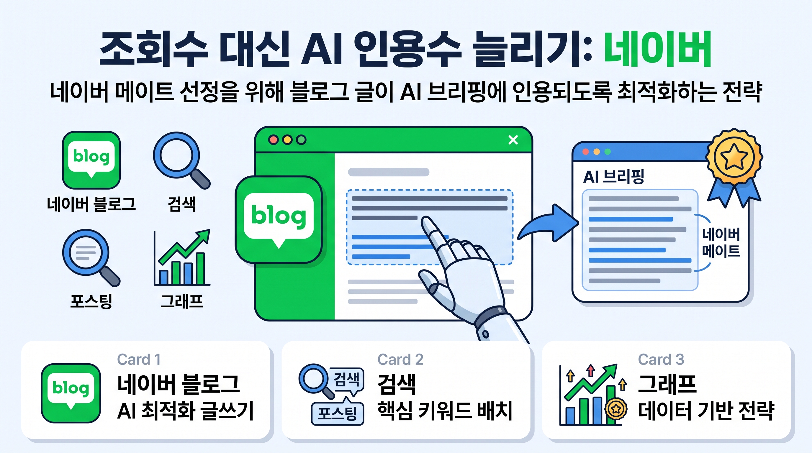 네이버 메이트 공식 앰블럼과 AI 브리핑 검색 화면이 표시된 태블릿을 바라보며 블로그 콘텐츠 최적화 전략을 기획하는 소상공인 마케터의 모습