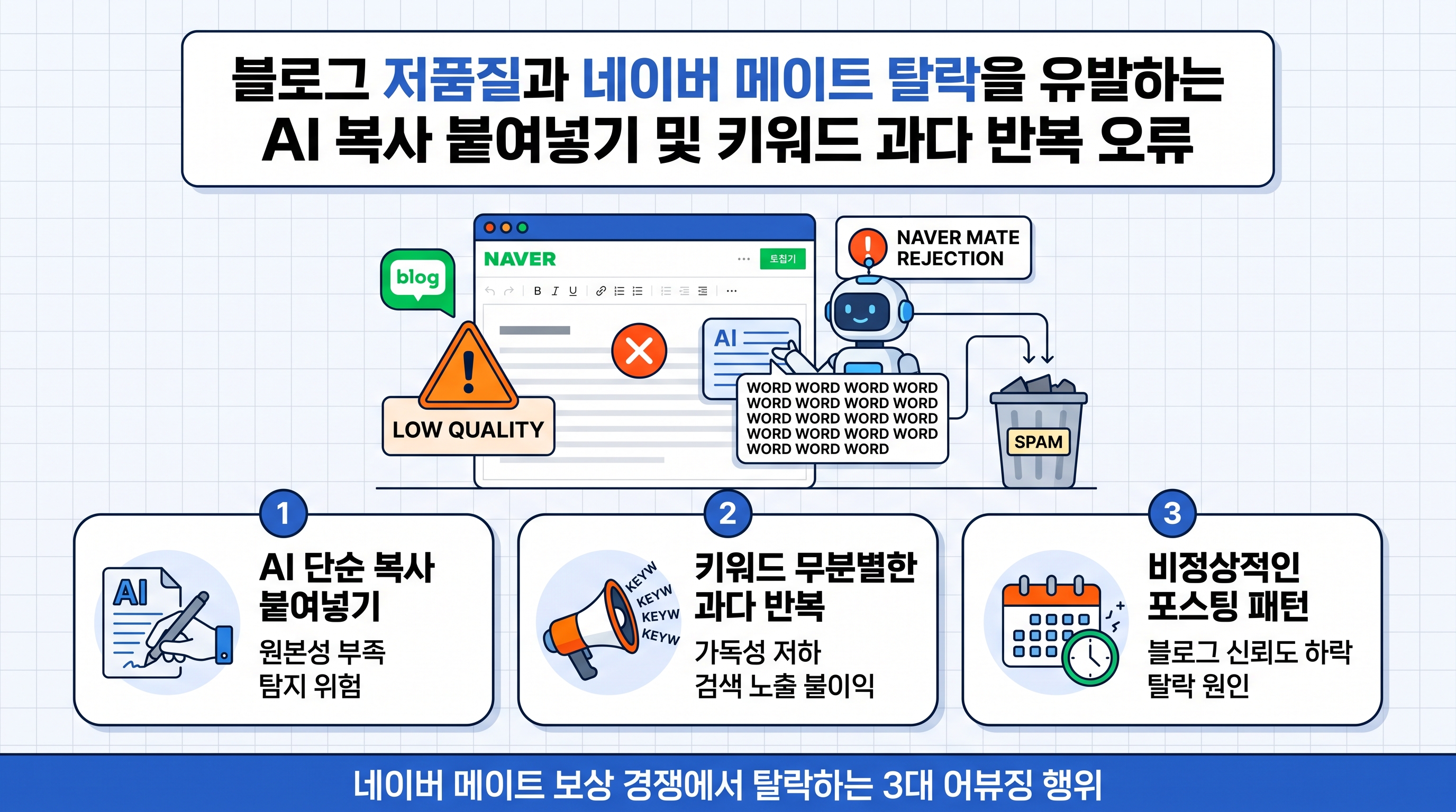 블로그 저품질과 네이버 메이트 탈락을 유발하는 AI 복사 붙여넣기 및 키워드 과다 반복 오류