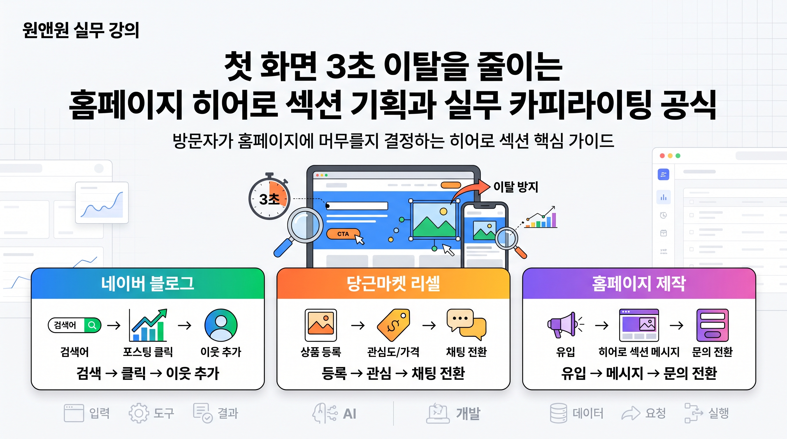 홈페이지 히어로 섹션 기획과 헤드카피 및 CTA 버튼 구조를 보여주는 와이어프레임 화면